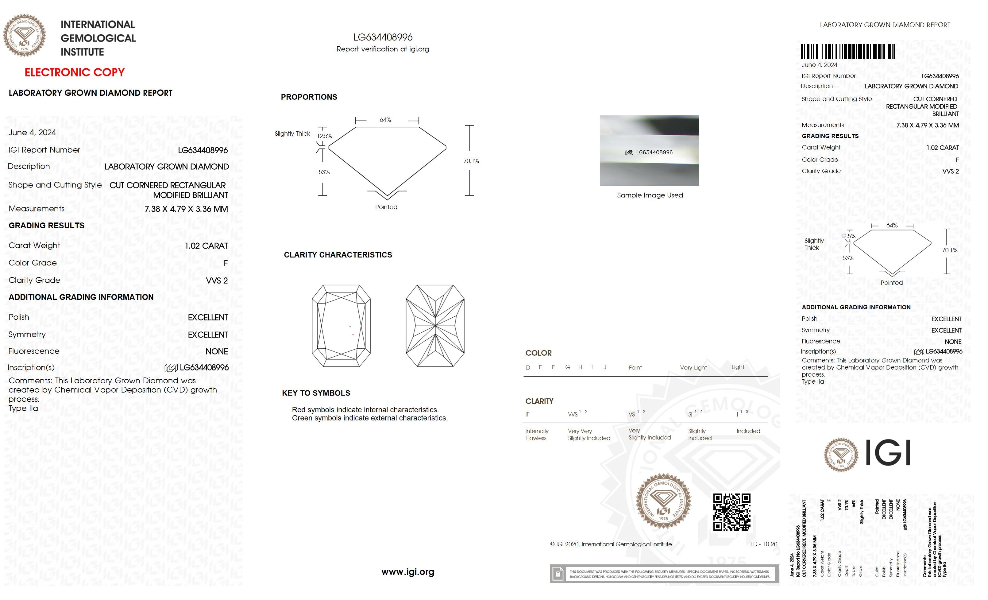 1.02 Ct. Radiant Wholesale IGI Certified Lab Grown Loose Diamond. (VVS2 / F)