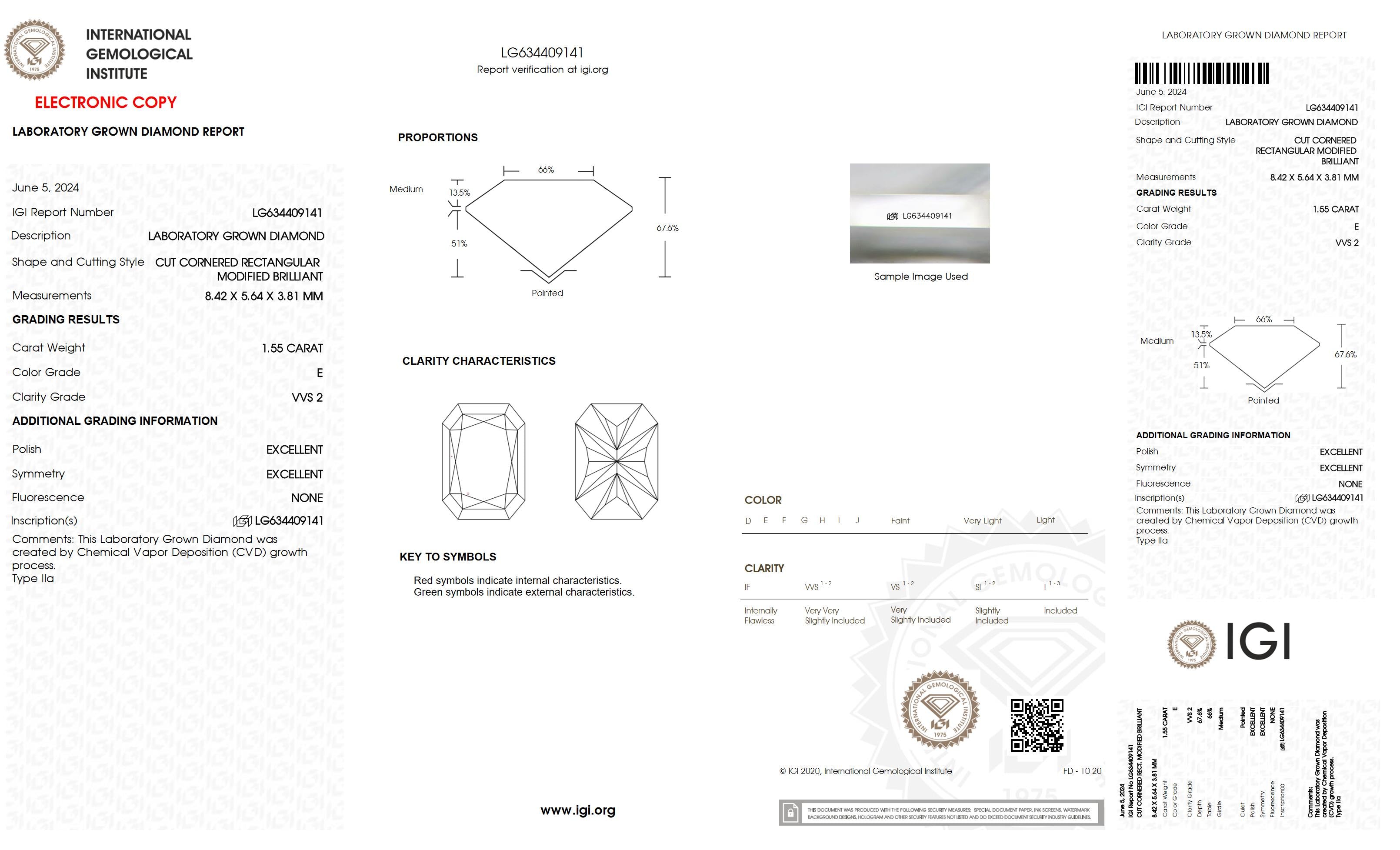 1.55 Ct. Radiant Wholesale IGI Certified Lab Grown Loose Diamond. (VVS2 / E)