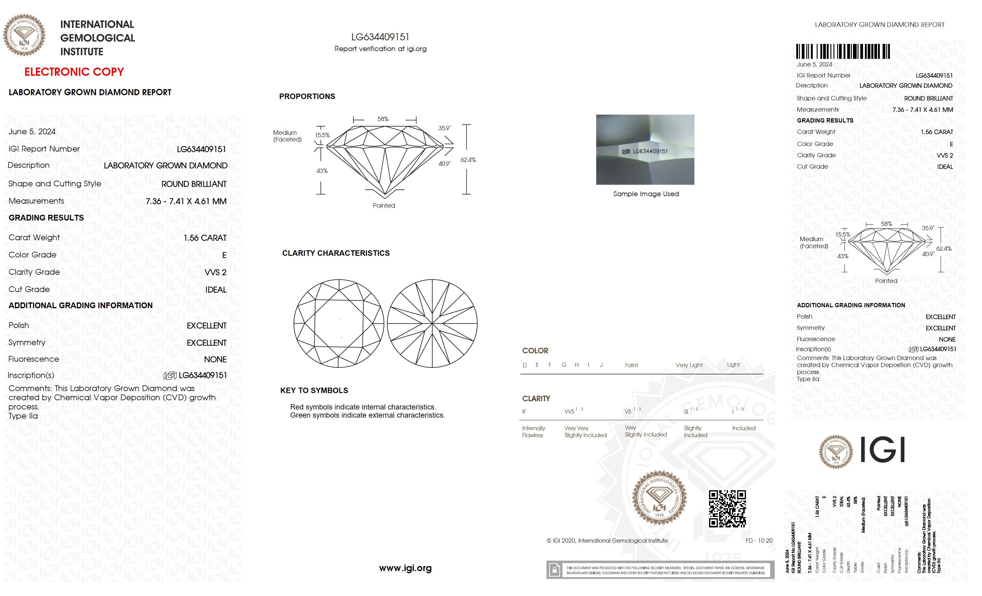 1.56 Ct. Round Wholesale IGI Certified Lab Grown Loose Diamond. (VVS2 / E)