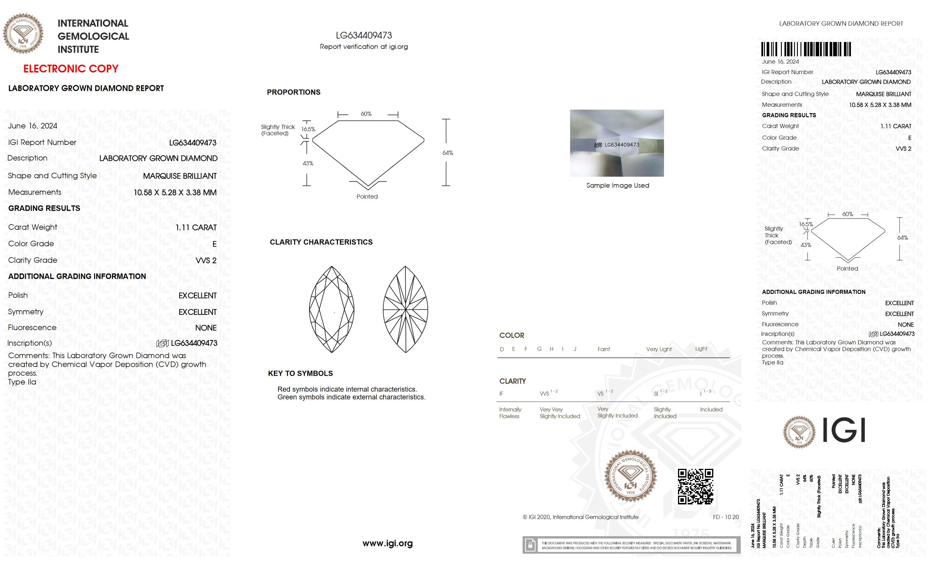 1.11 Ct. Marquise Wholesale IGI Certified Lab Grown Loose Diamond. (VVS2 / E)