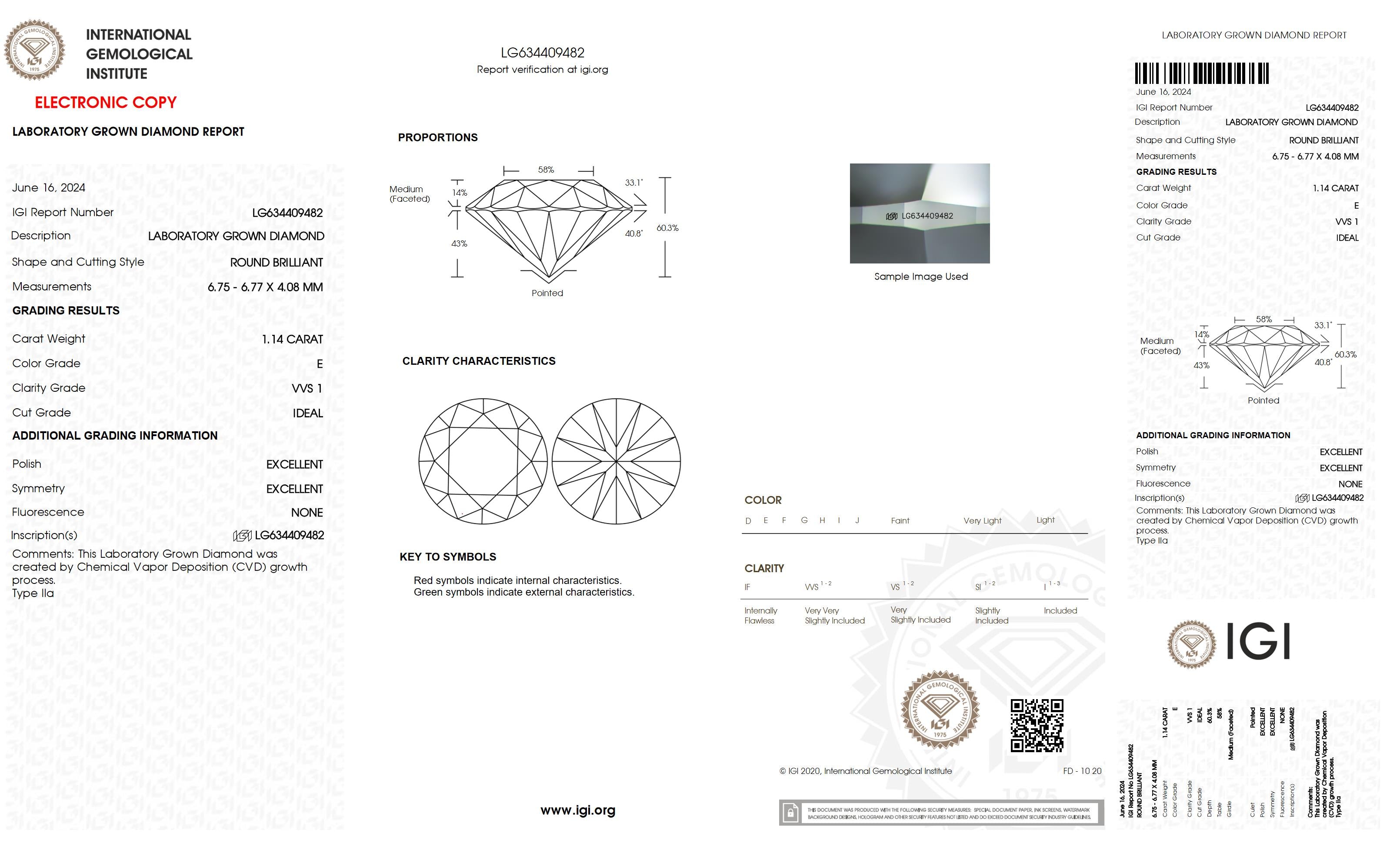 1.14 Ct. Round Wholesale IGI Certified Lab Grown Loose Diamond. (VVS1 / E)