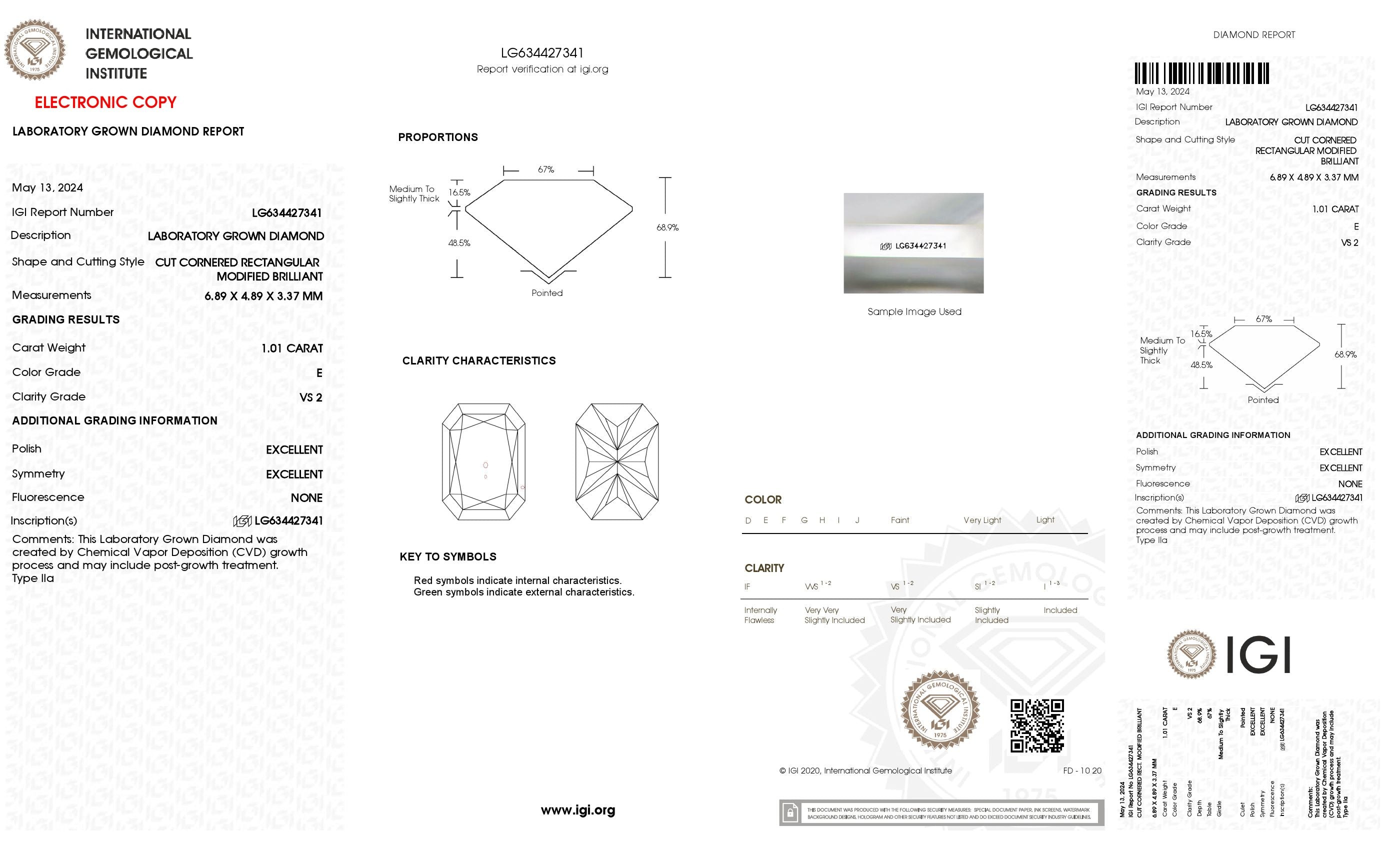 1.01 ct. Radiant Wholesale IGI Certified Lab Grown Loose Diamond. (VS2 / E)