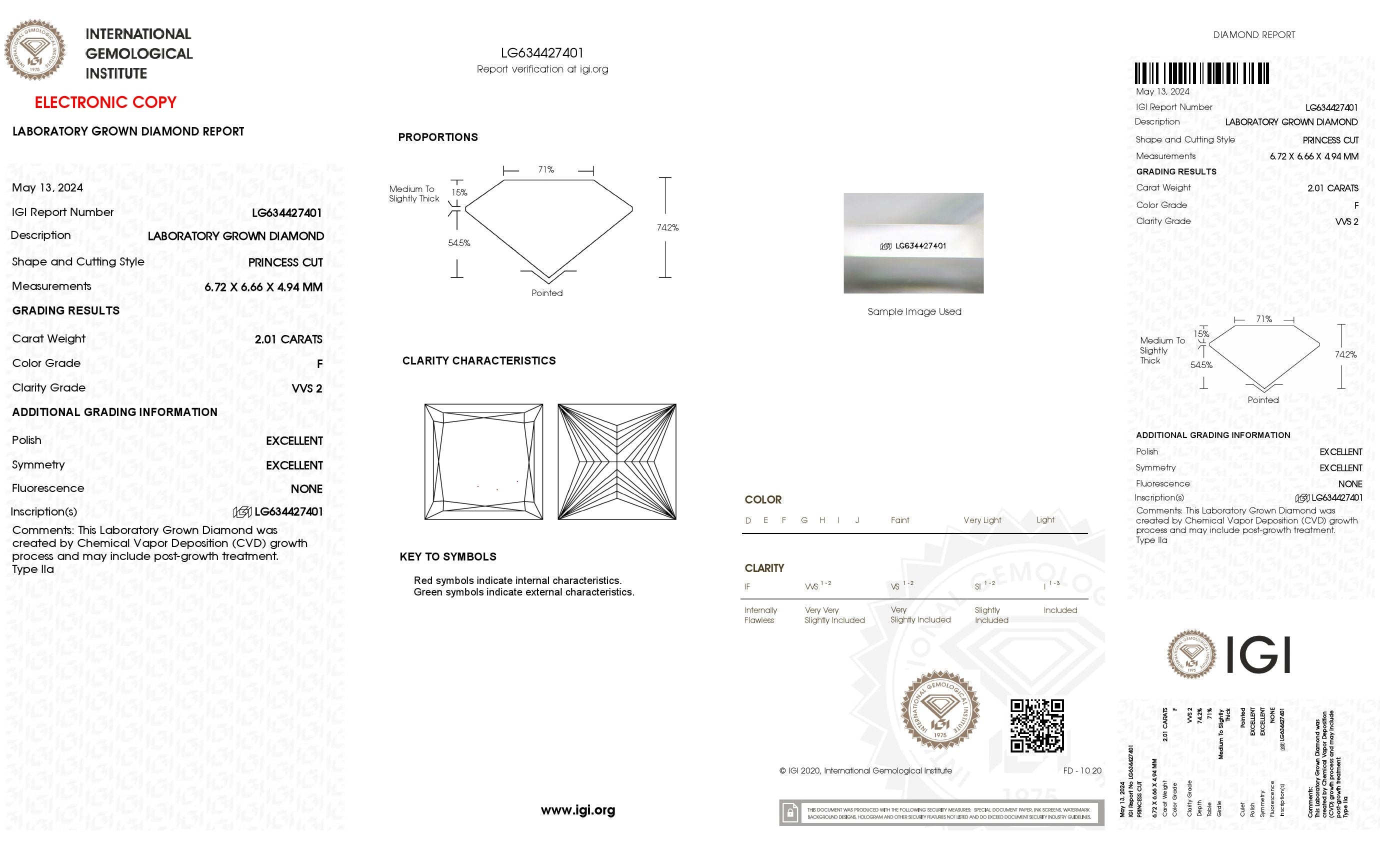 2.01 Ct. Princess Wholesale IGI Certified Lab Grown Loose Diamond. (VVS2 / F)