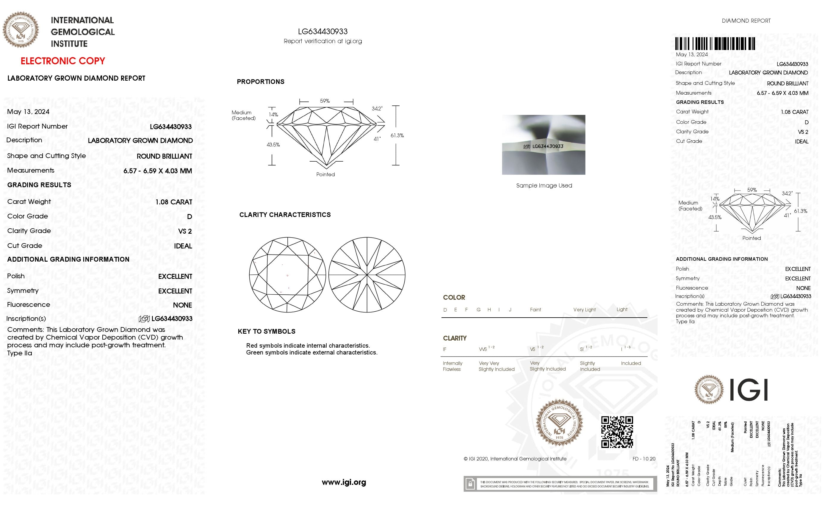 1.08 ct. Round Wholesale IGI Certified Lab Grown Loose Diamond. (VS2 / D)