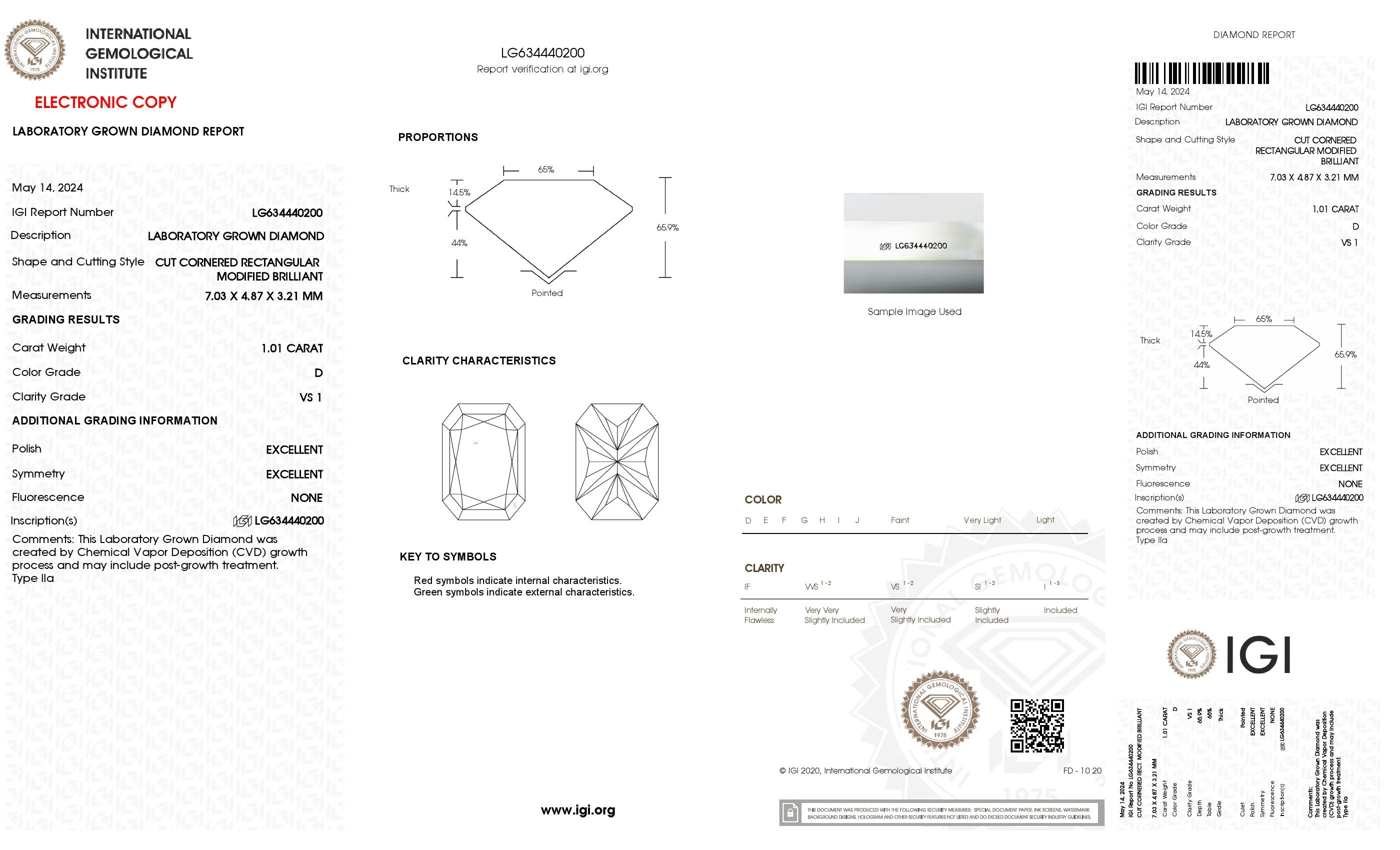 1.01 Ct. Radiant Wholesale IGI Certified Lab Grown Loose Diamond. (VS1 / D)