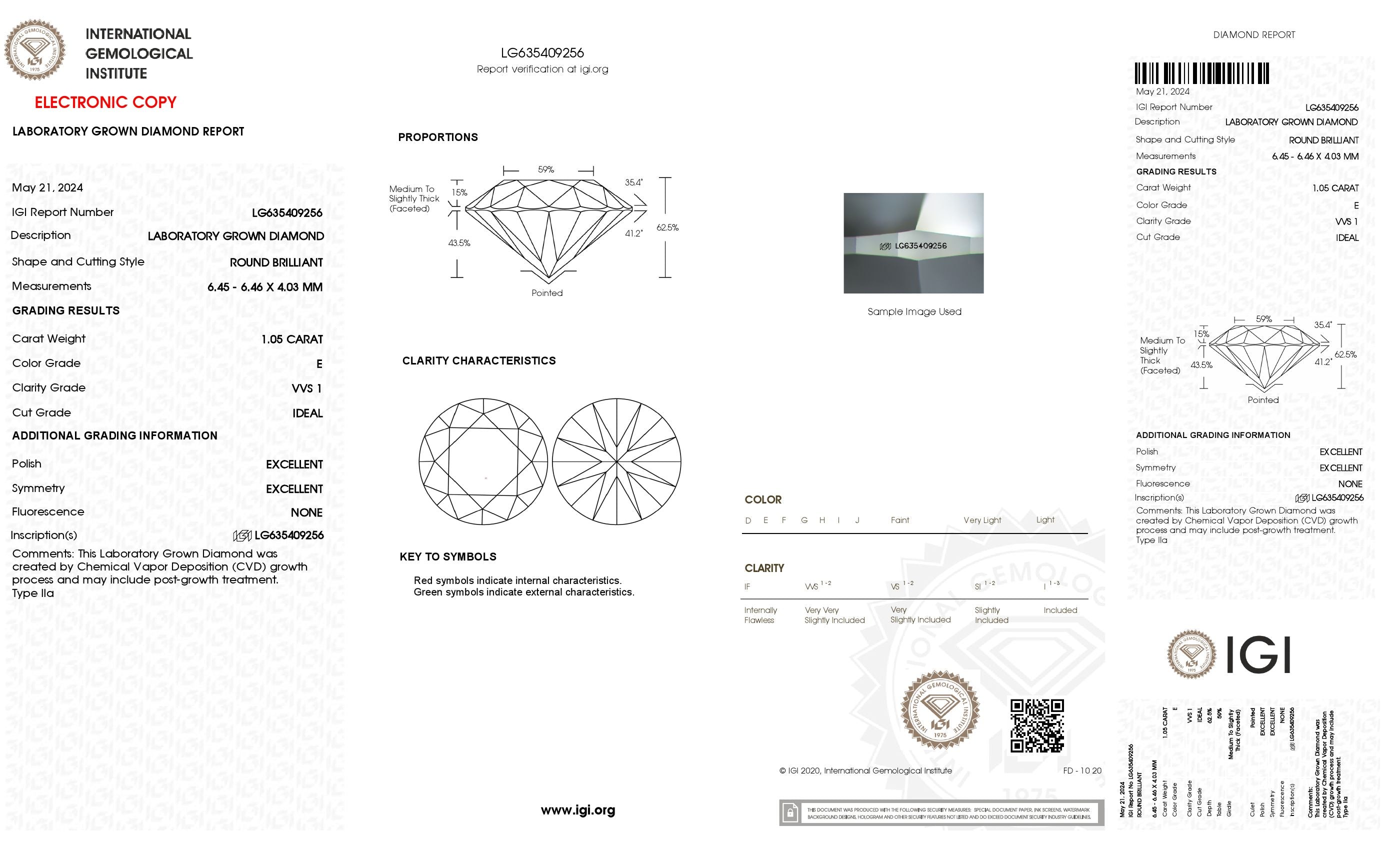 1.05 ct. Round Wholesale IGI Certified Lab Grown Loose Diamond. (VVS1 / E)