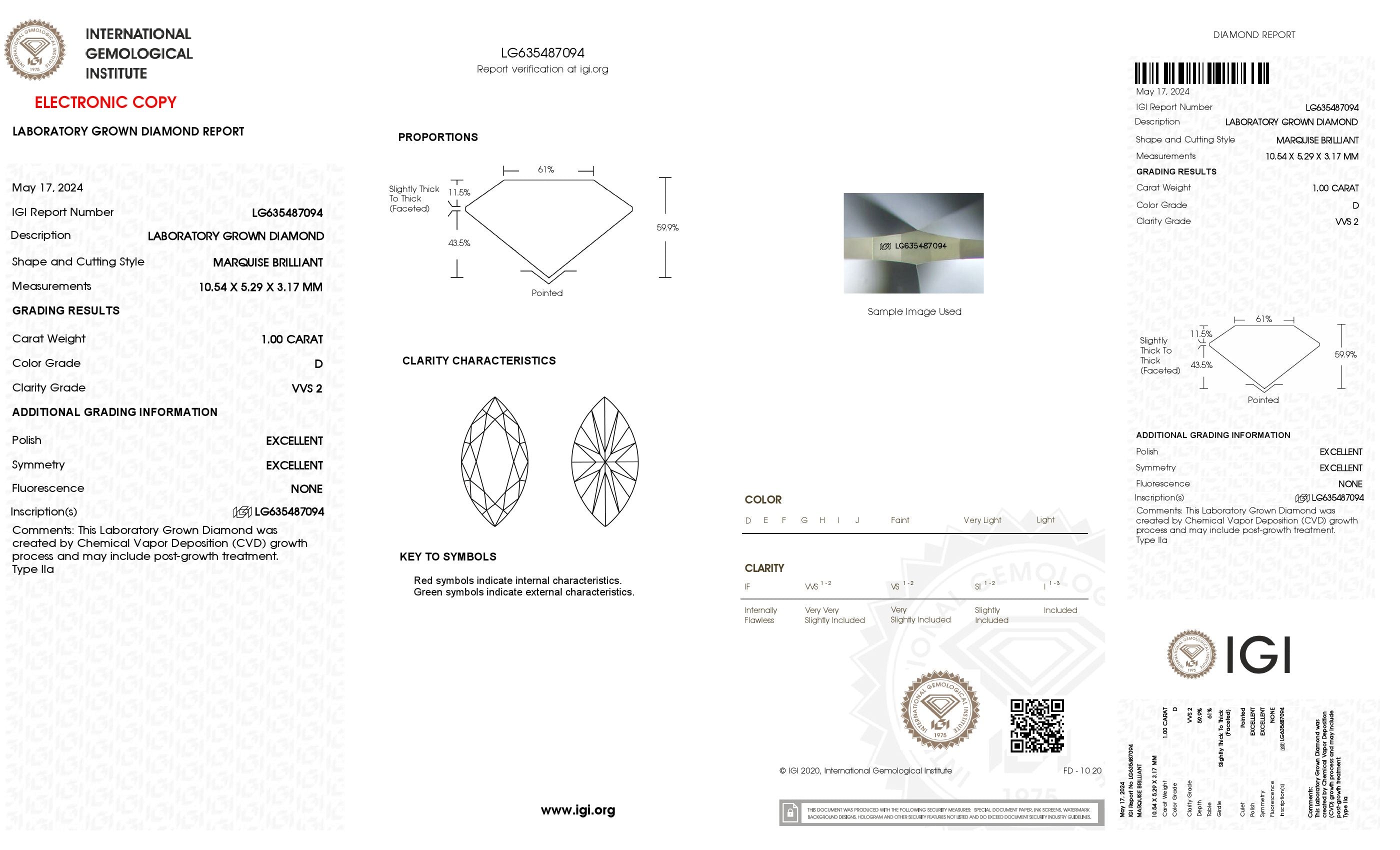 1 Ct. Marquise Wholesale IGI Certified Lab Grown Loose Diamond. (VVS2 / D)