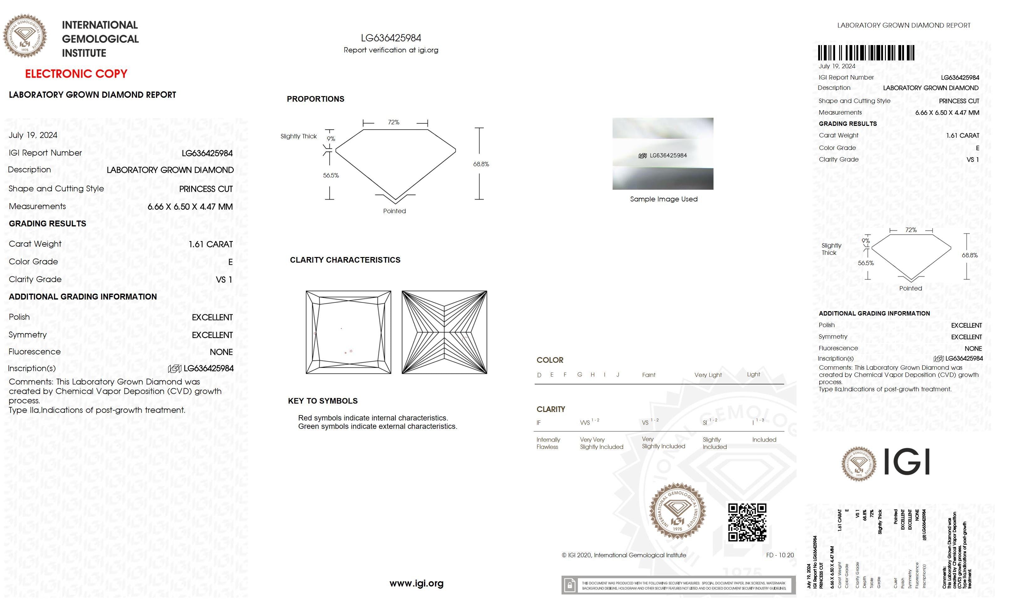 1.61 Ct. Princess Wholesale IGI Certified Lab Grown Loose Diamond. (VS1 / E)