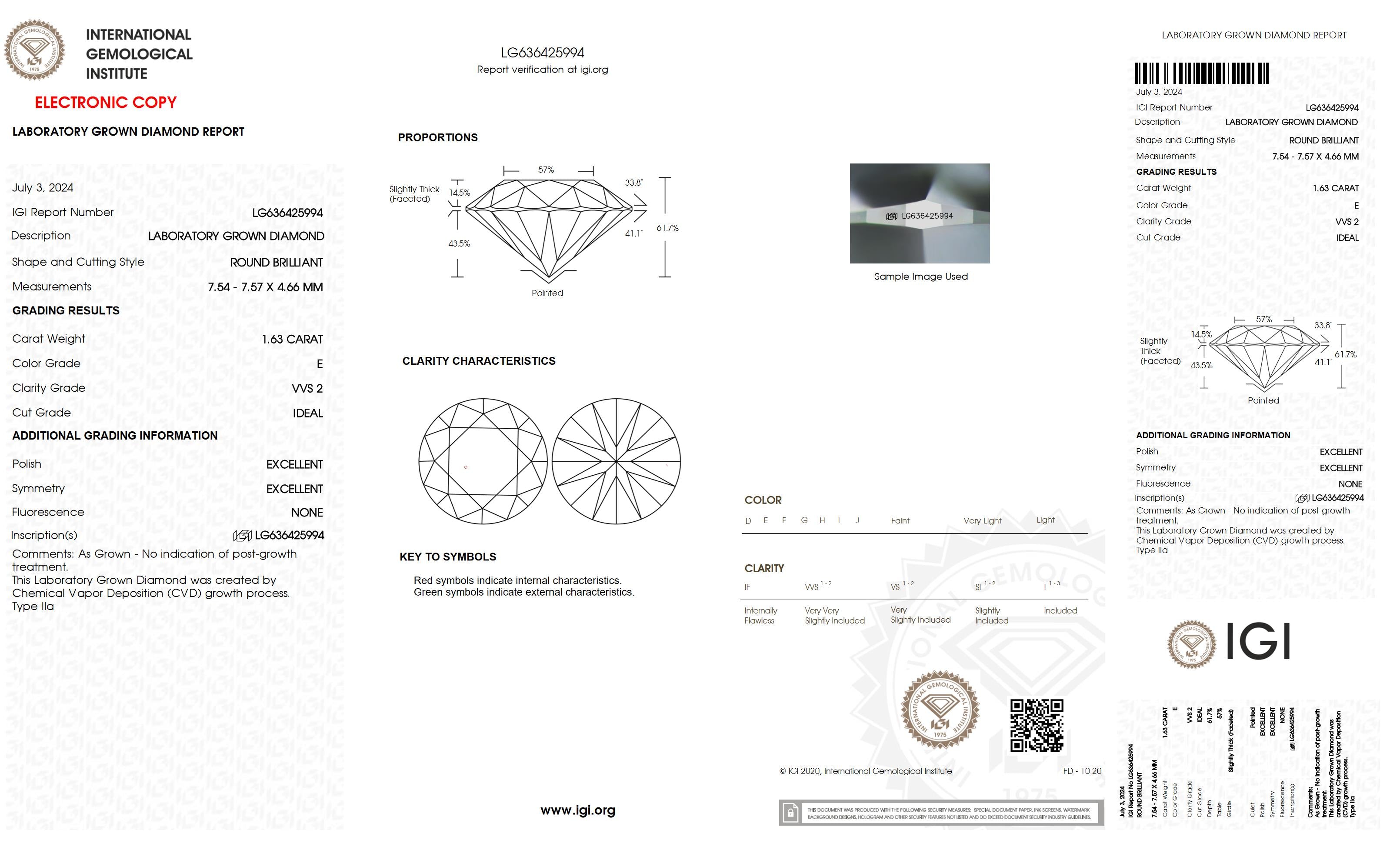 1.63 Ct. Round Wholesale IGI Certified Lab Grown Loose Diamond. (VVS2 / E)