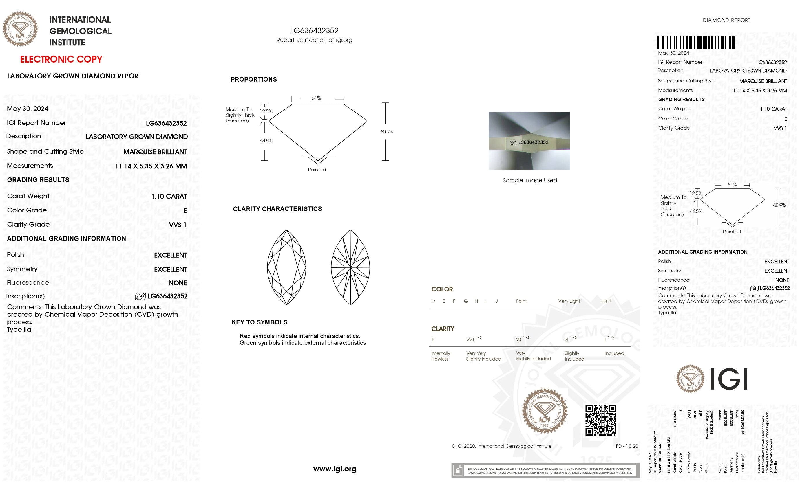 1.1 Ct. Marquise Wholesale IGI Certified Lab Grown Loose Diamond. (VVS1 / E)