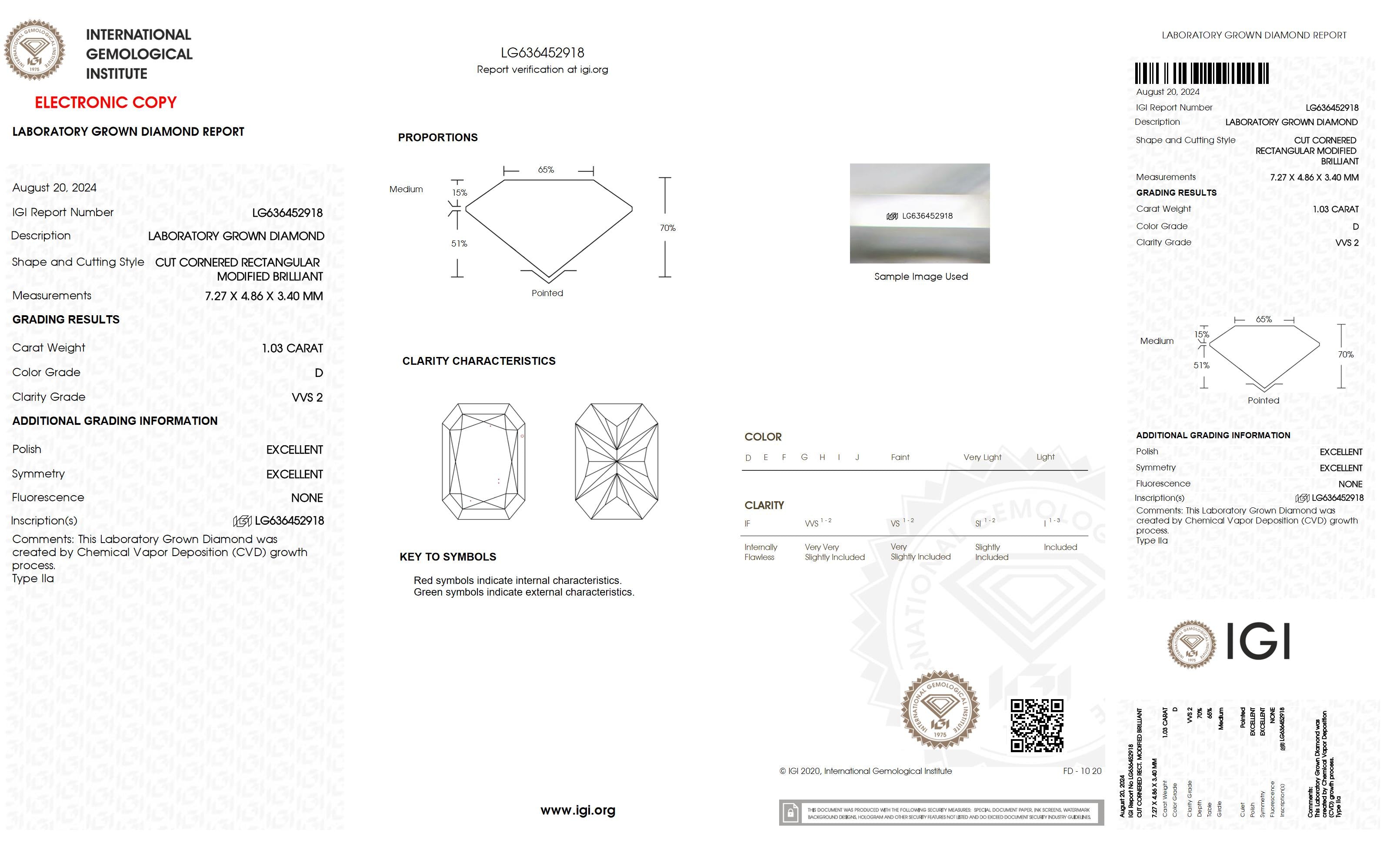 1.03 Ct. Radiant Wholesale IGI Certified Lab Grown Loose Diamond. (VVS2 / D)