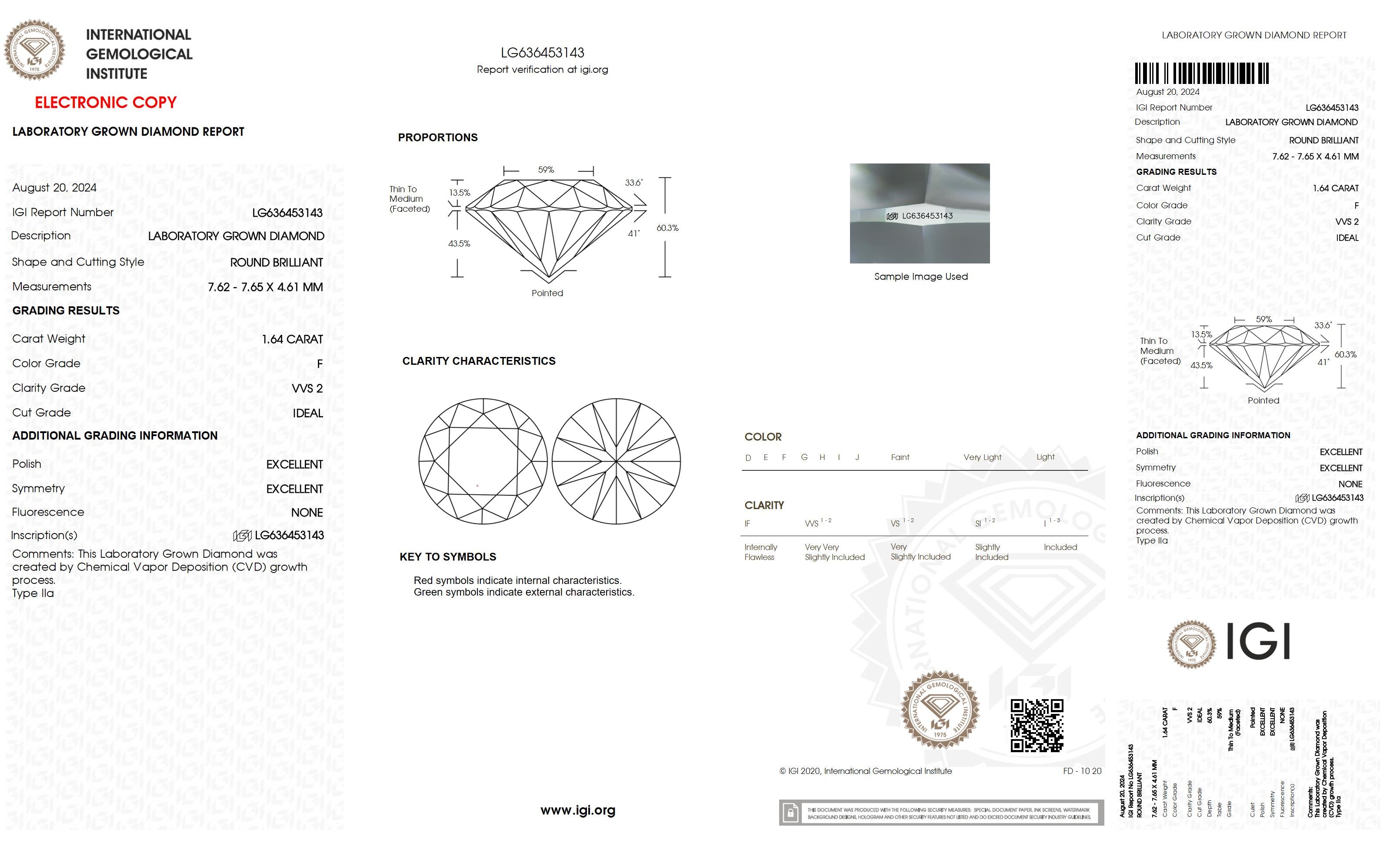 1.64 Ct. Round Wholesale IGI Certified Lab Grown Loose Diamond. (VVS2 / F)