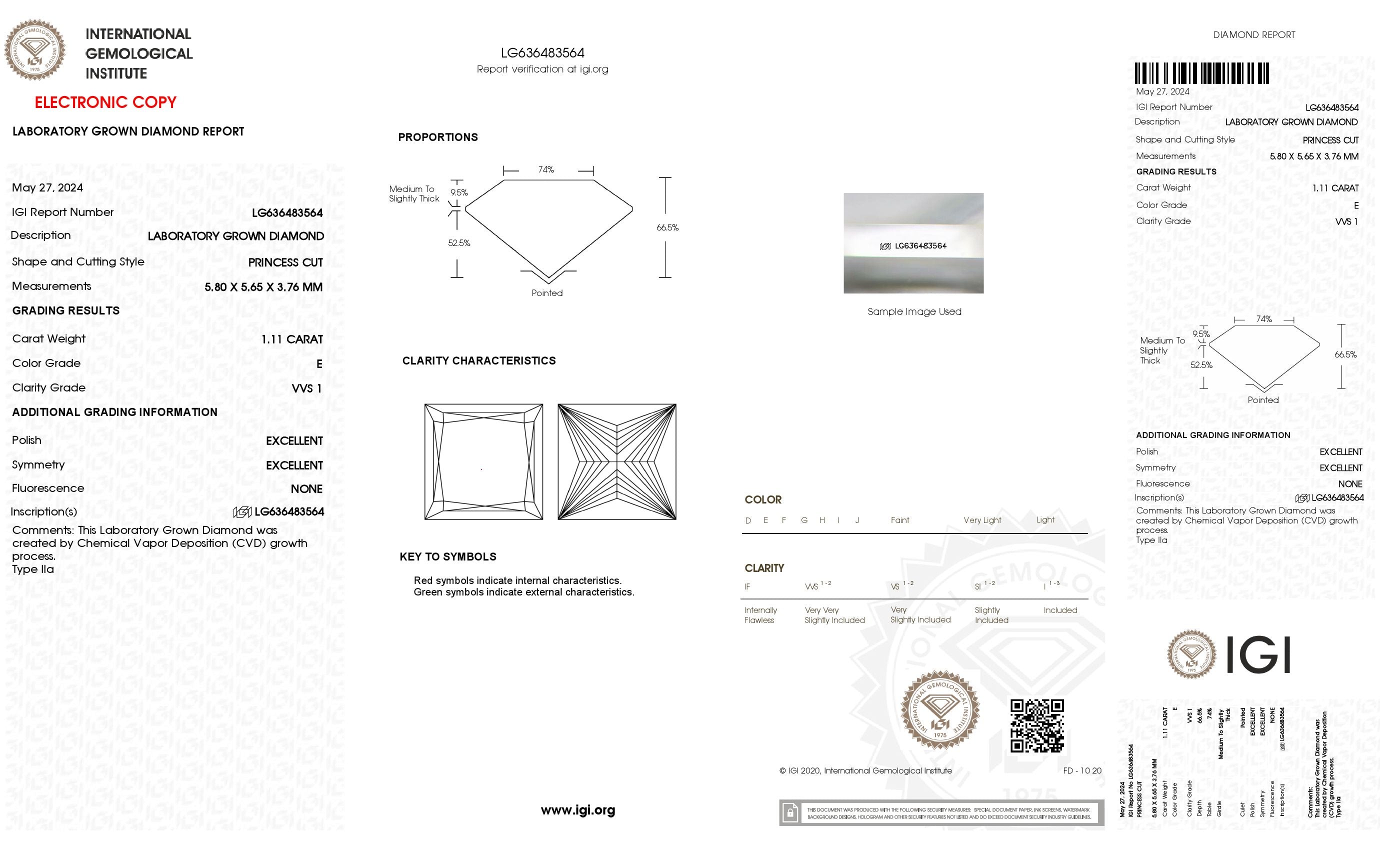 1.11 Ct. Princess Wholesale IGI Certified Lab Grown Loose Diamond. (VVS1 / E)
