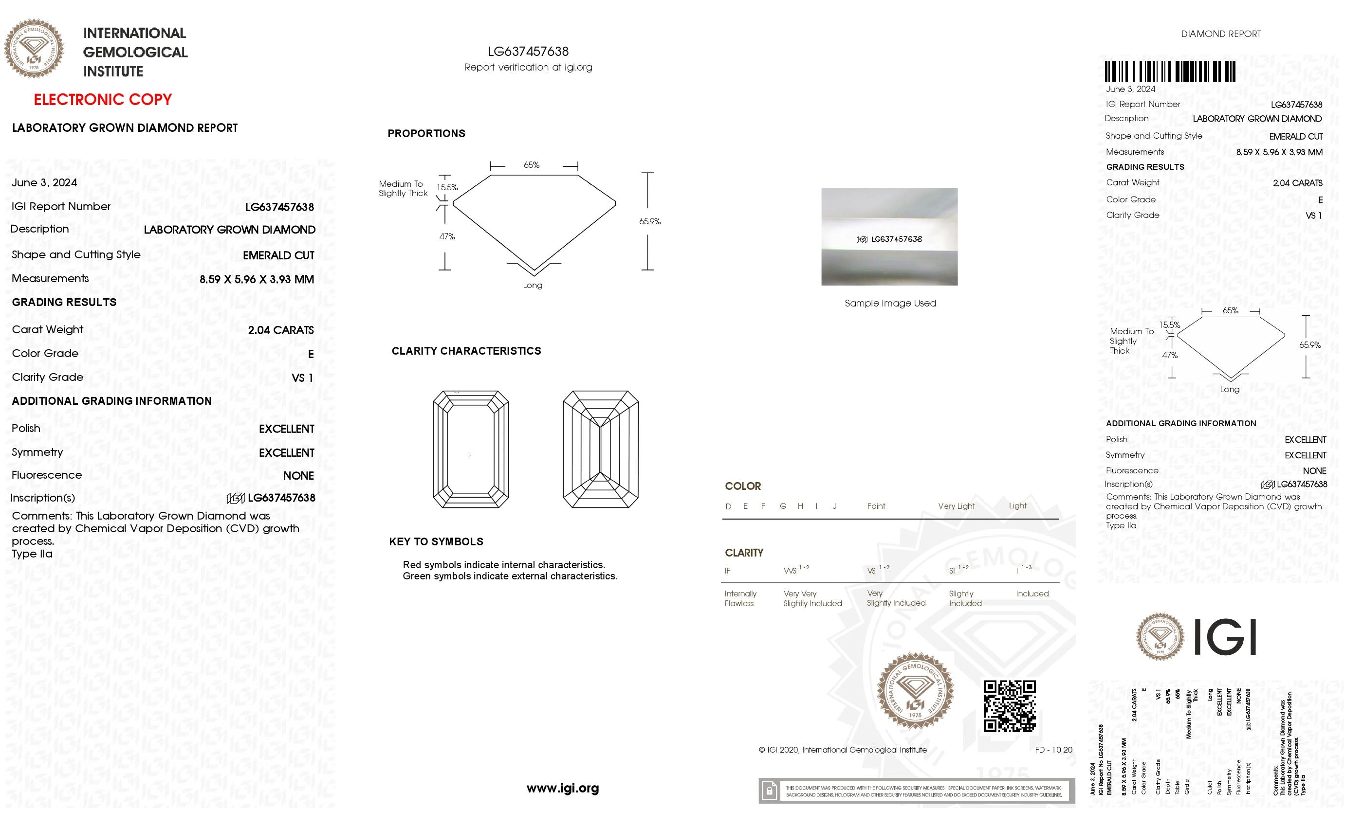 2.04 ct. Emerald Wholesale IGI Certified Lab Grown Loose Diamond. (VS1 / E)