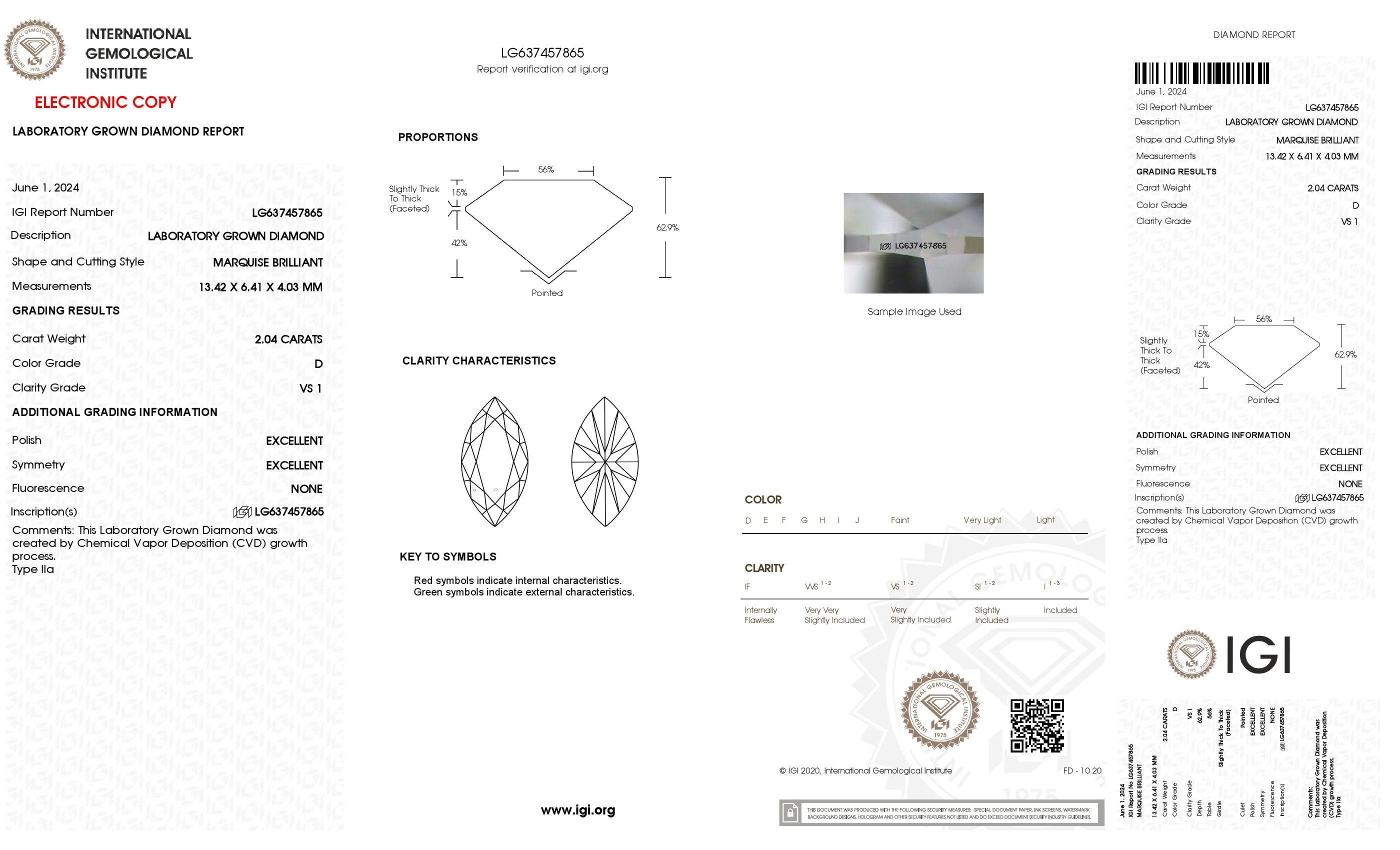 2.04 Ct. Marquise Wholesale IGI Certified Lab Grown Loose Diamond. (VS1 / D)