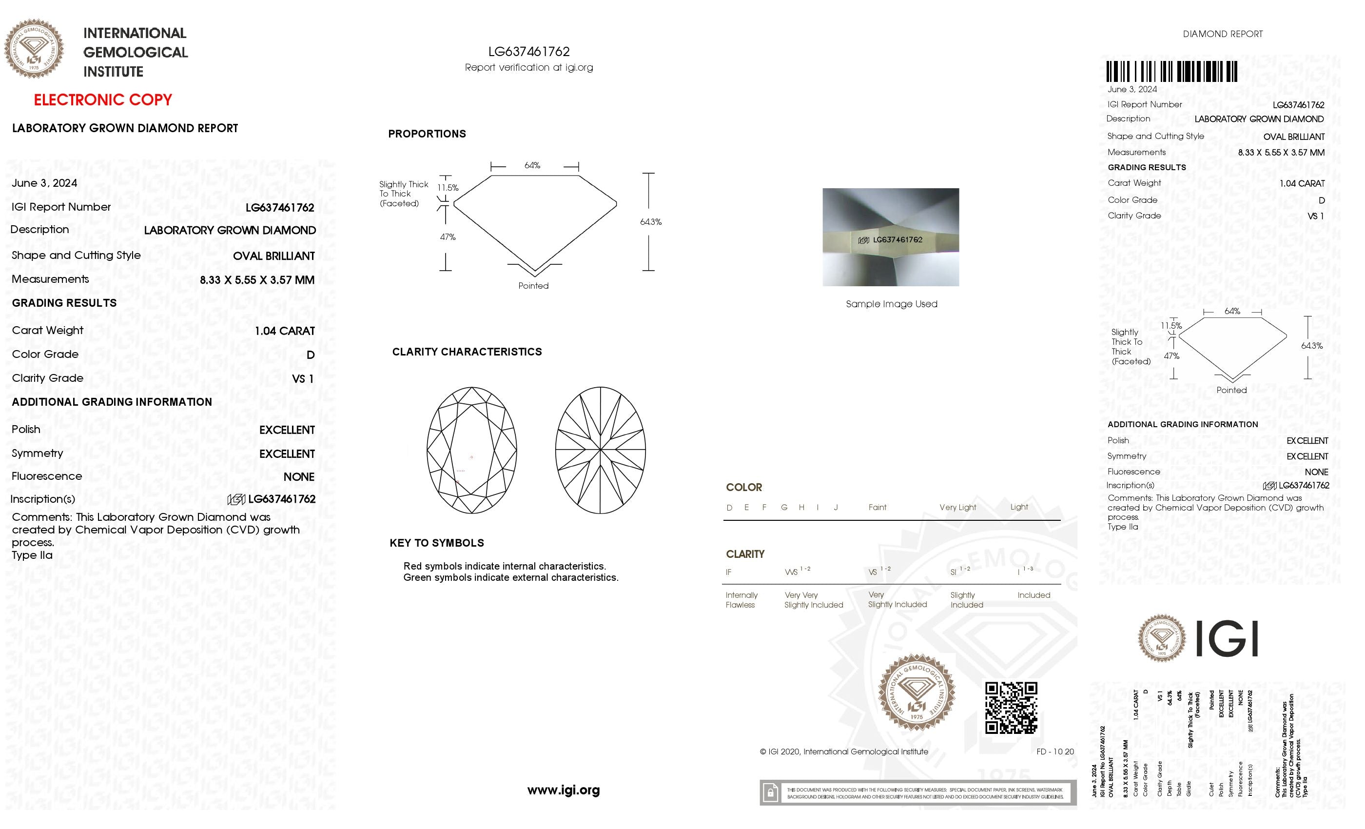 1.04 ct. Oval Wholesale IGI Certified Lab Grown Loose Diamond. (VS1 / D)