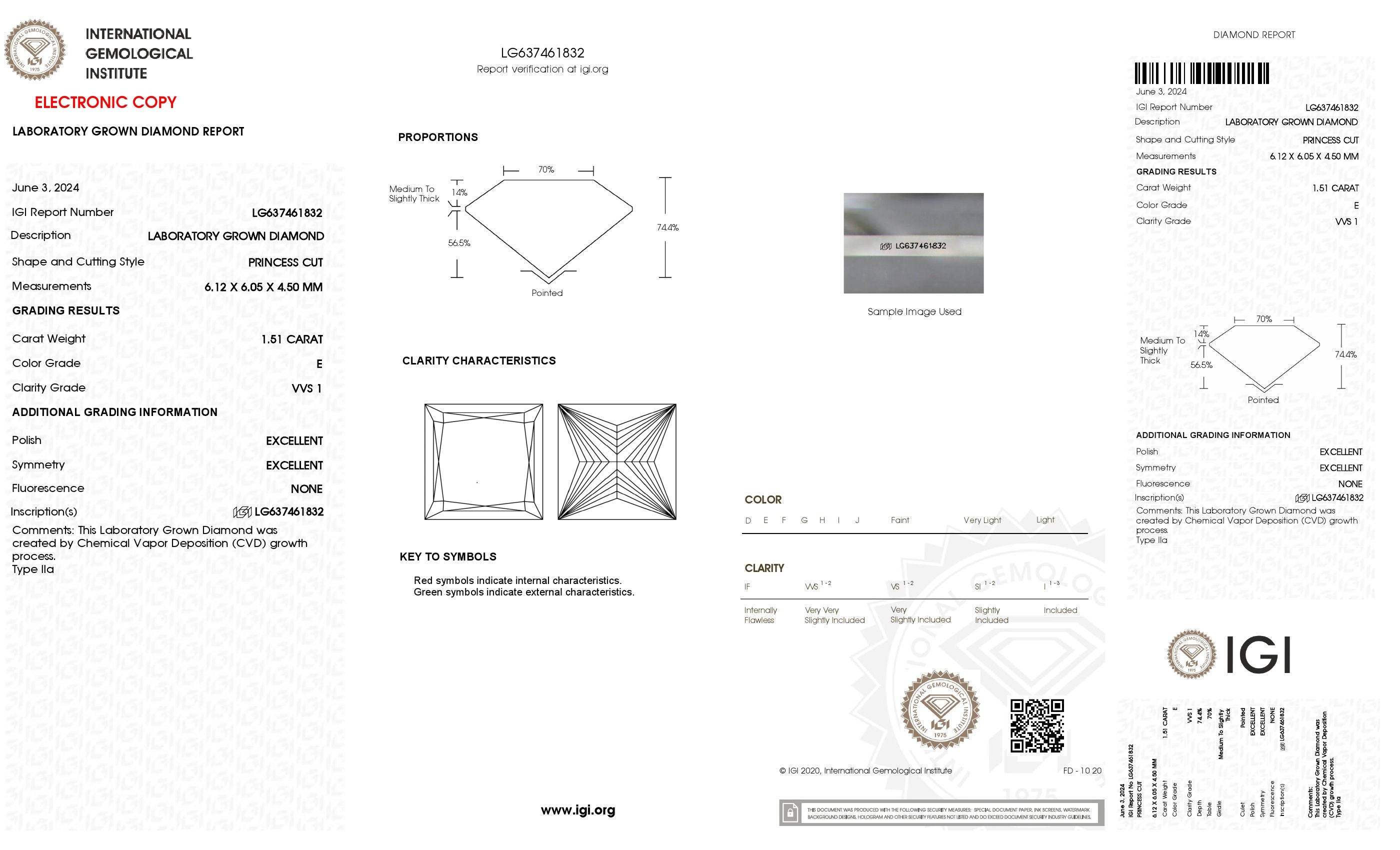 1.51 ct. Princess Wholesale IGI Certified Lab Grown Loose Diamond. (VVS1 / E)