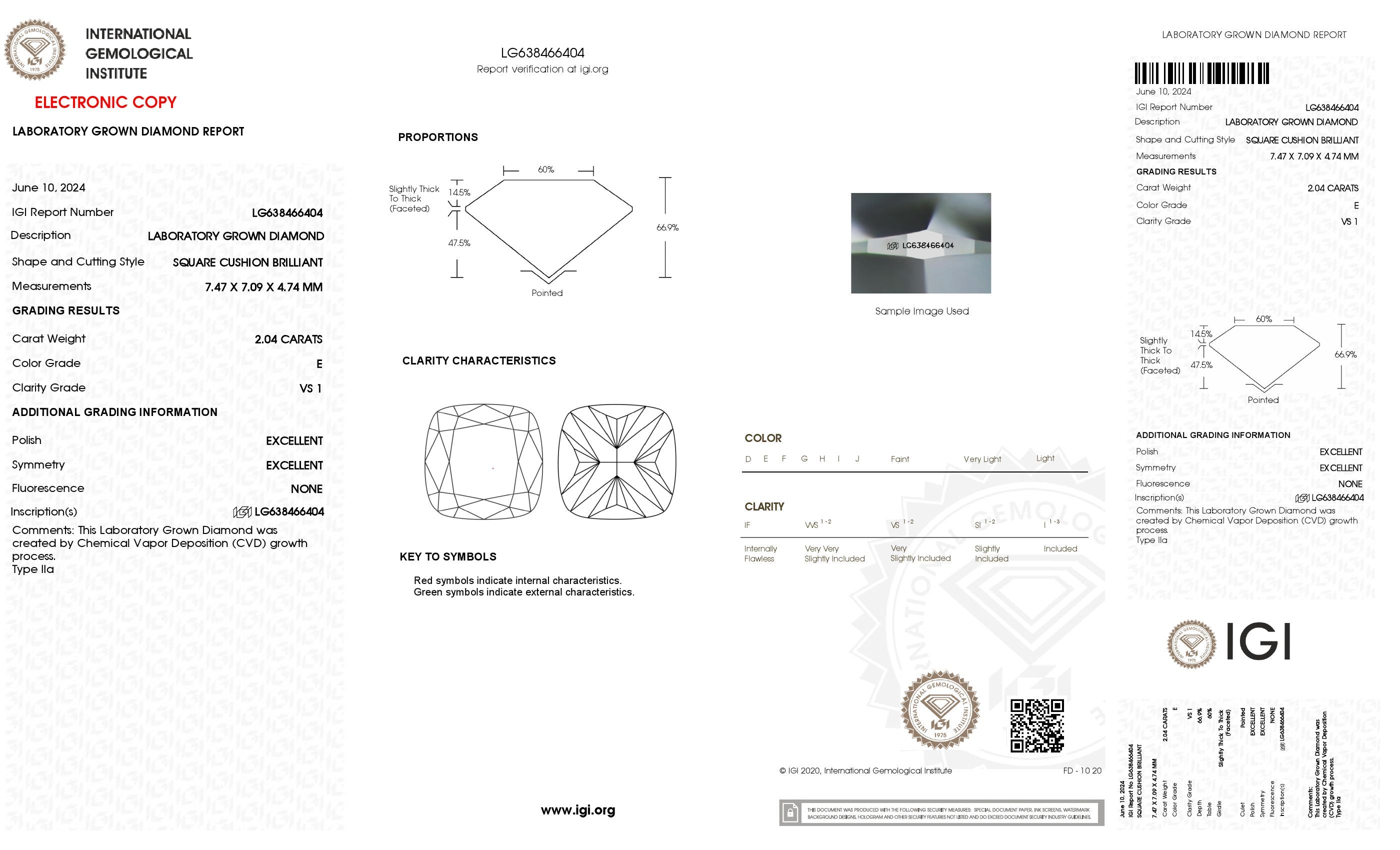 2.04 ct. Cushion Wholesale IGI Certified Lab Grown Loose Diamond. (VS1 / E)