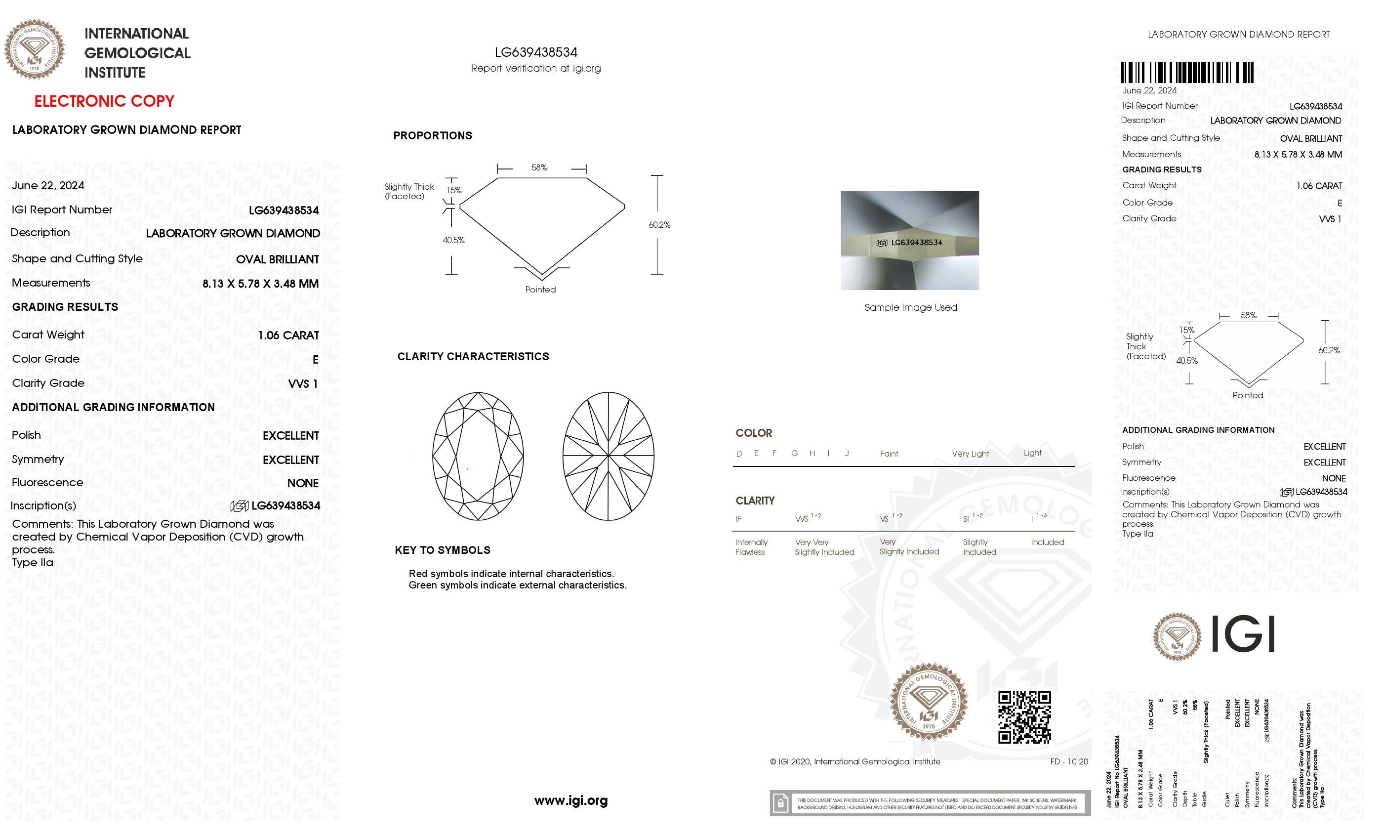 1.06 Ct. Oval Wholesale IGI Certified Lab Grown Loose Diamond. (VVS1 / E)