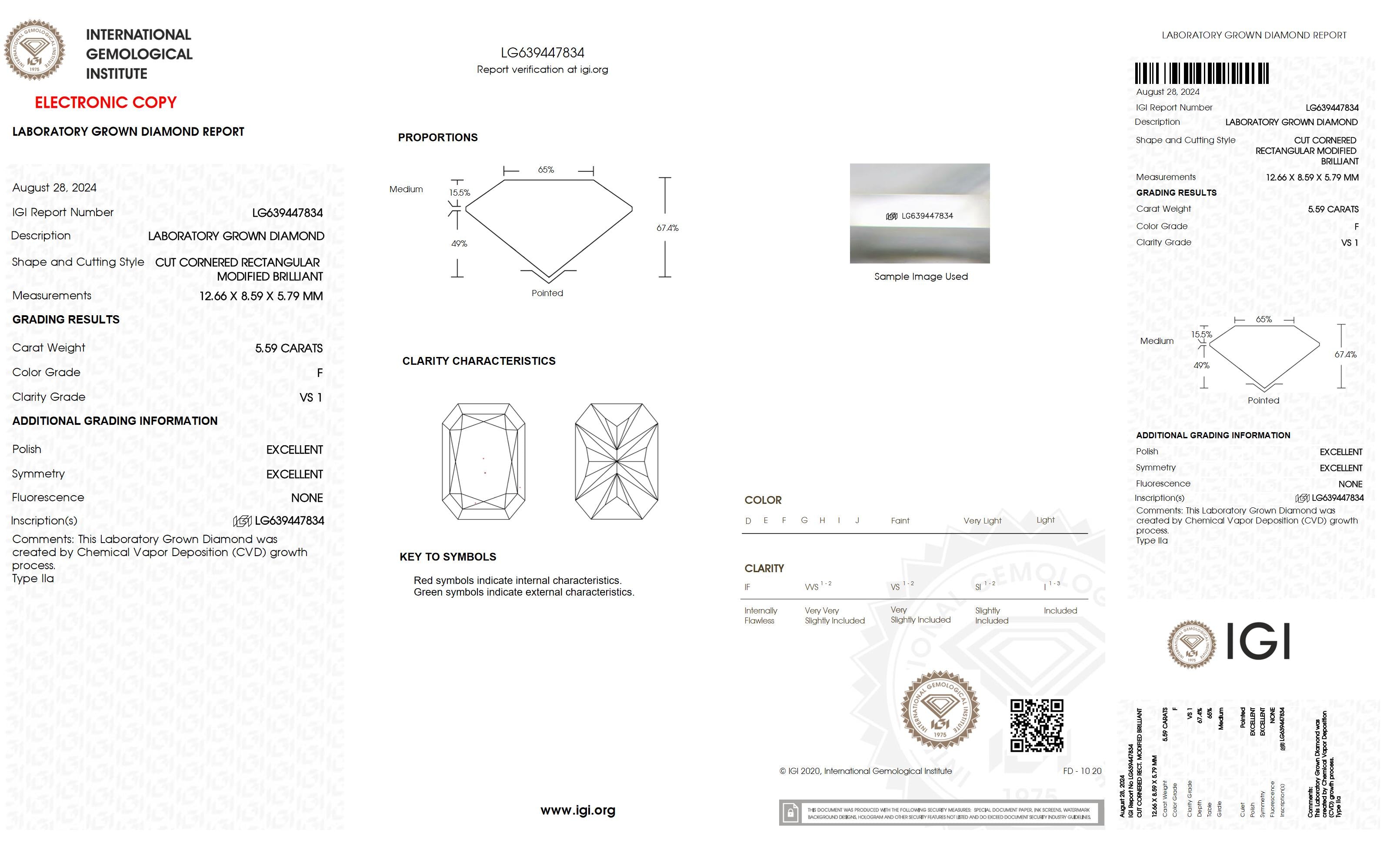 5.59 Ct. Radiant Wholesale IGI Certified Lab Grown Loose Diamond. (VS1 / F)