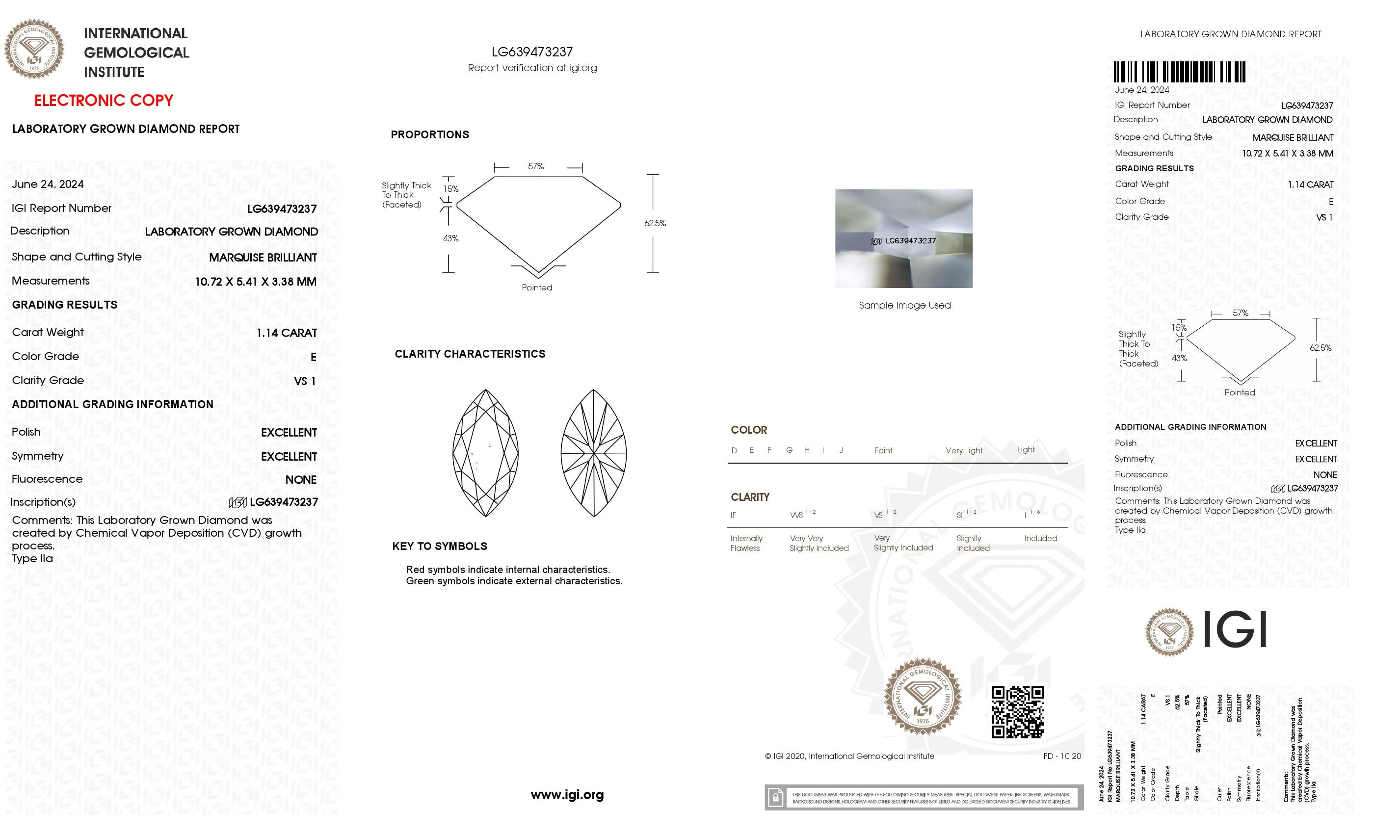 1.14 Ct. Marquise Wholesale IGI Certified Lab Grown Loose Diamond. (VS1 / E)