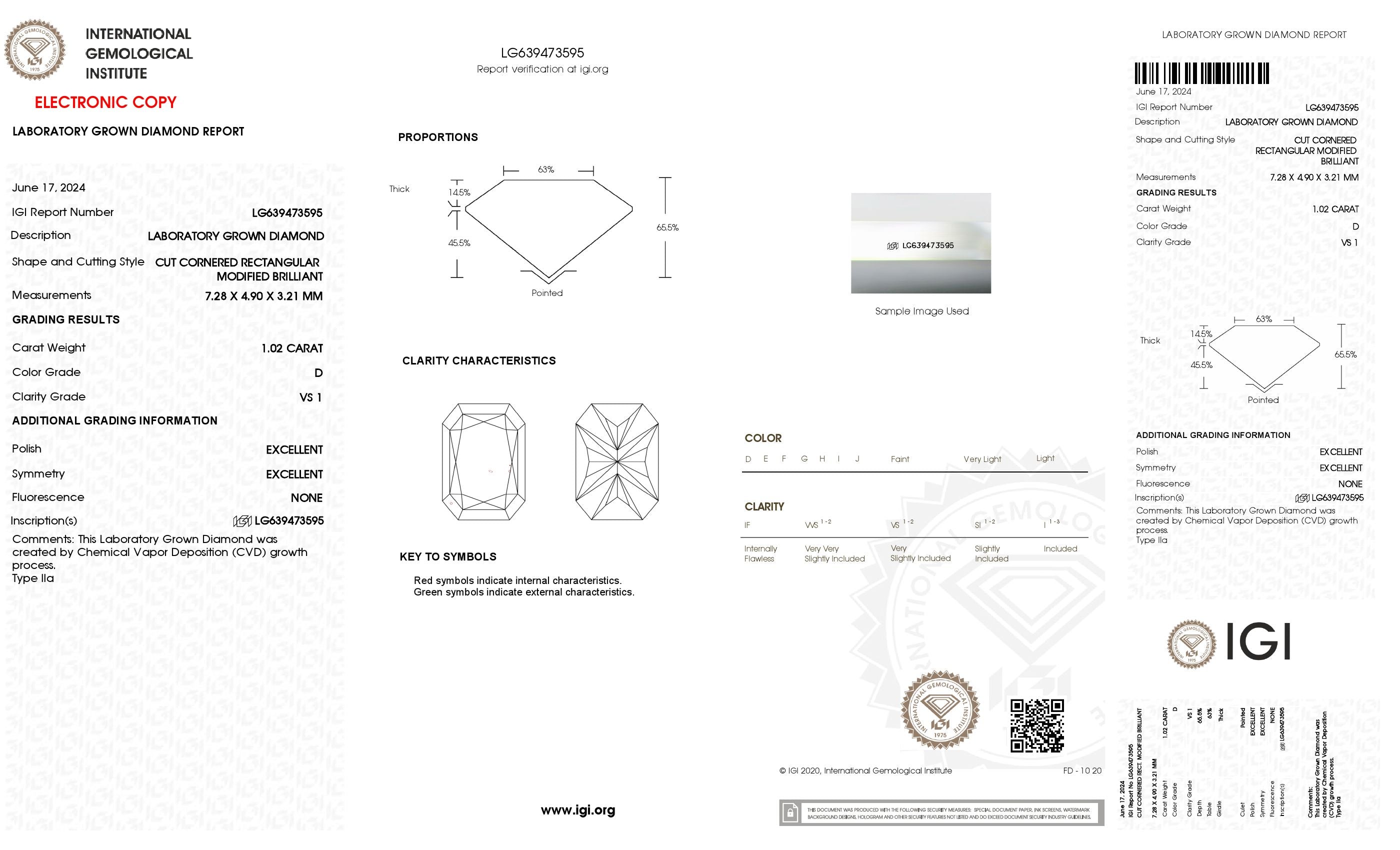 1.02 Ct. Radiant Wholesale IGI Certified Lab Grown Loose Diamond. (VS1 / D)