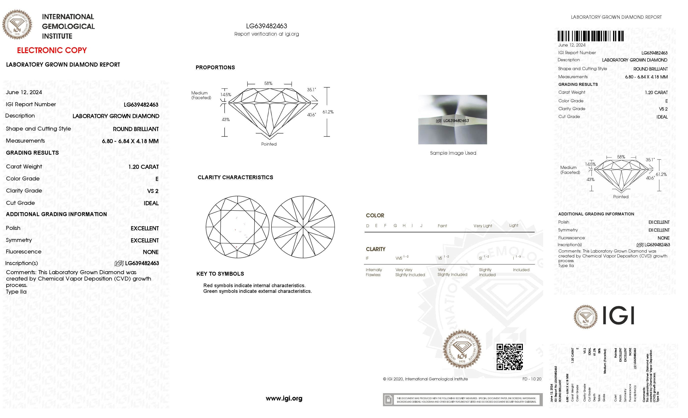 1.2 Ct. Round Wholesale IGI Certified Lab Grown Loose Diamond. (VS2 / E)