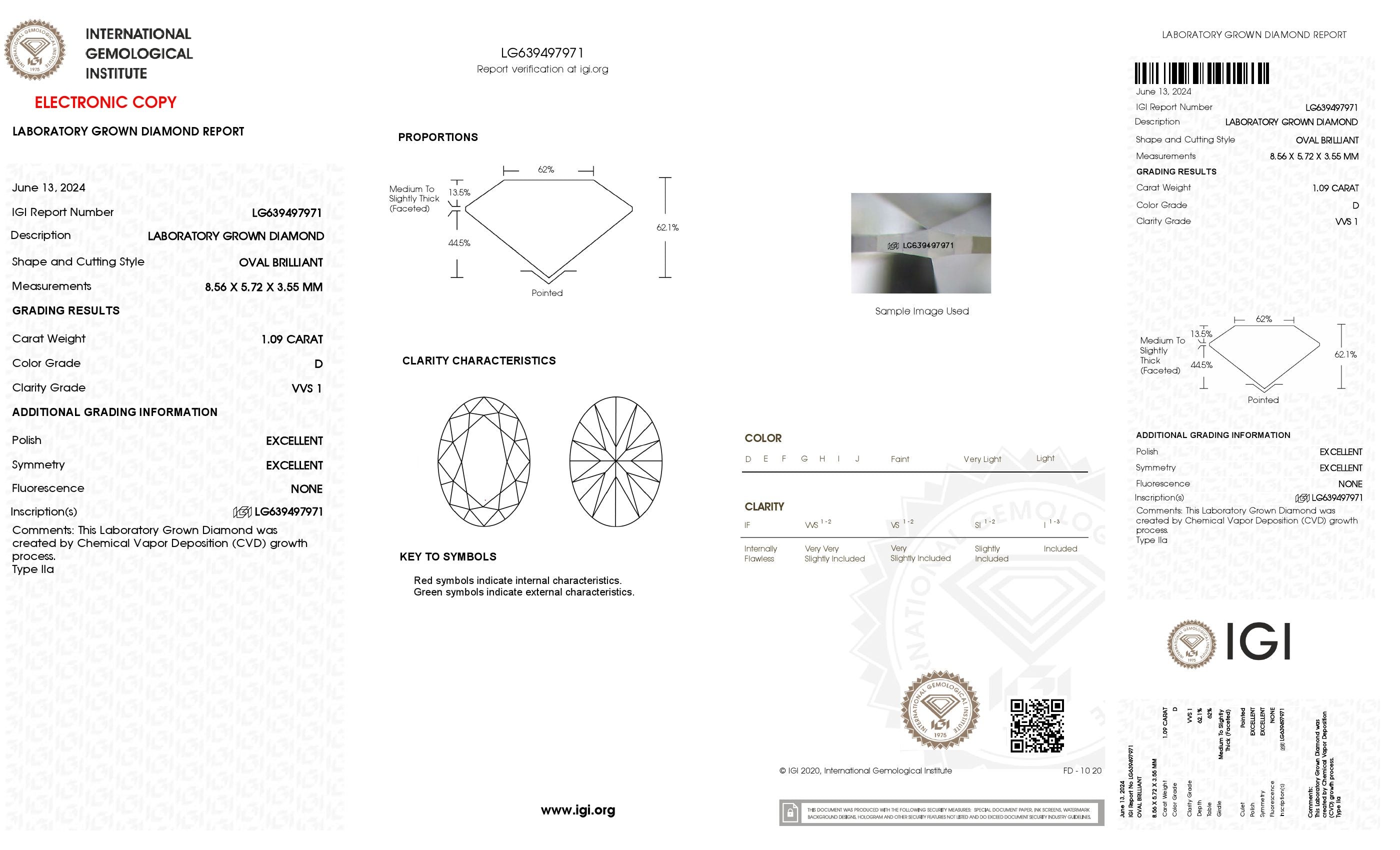 1.09 ct. Oval Wholesale IGI Certified Lab Grown Loose Diamond. (VVS1 / D)