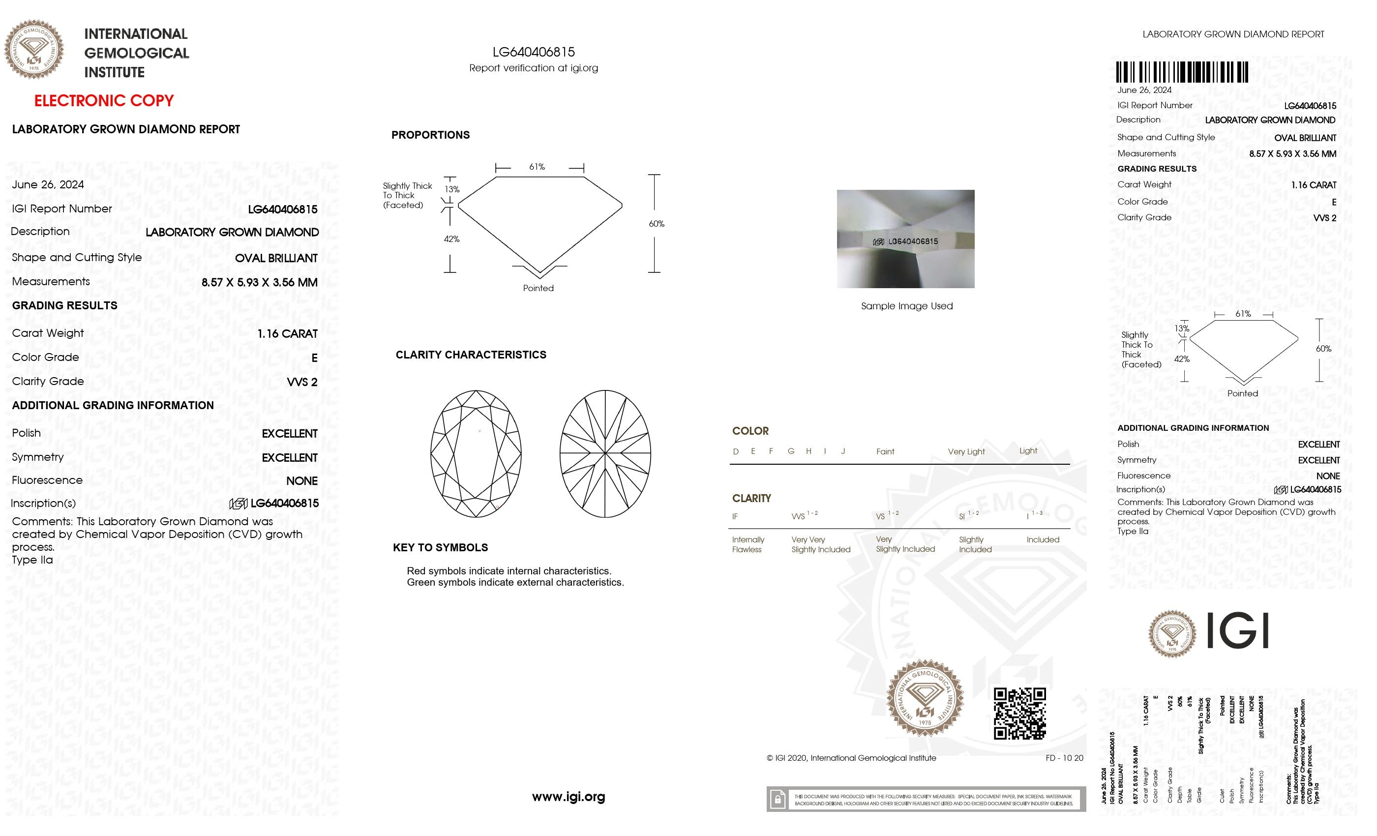 1.16 ct. Oval Wholesale IGI Certified Lab Grown Loose Diamond. (VVS2 / E)