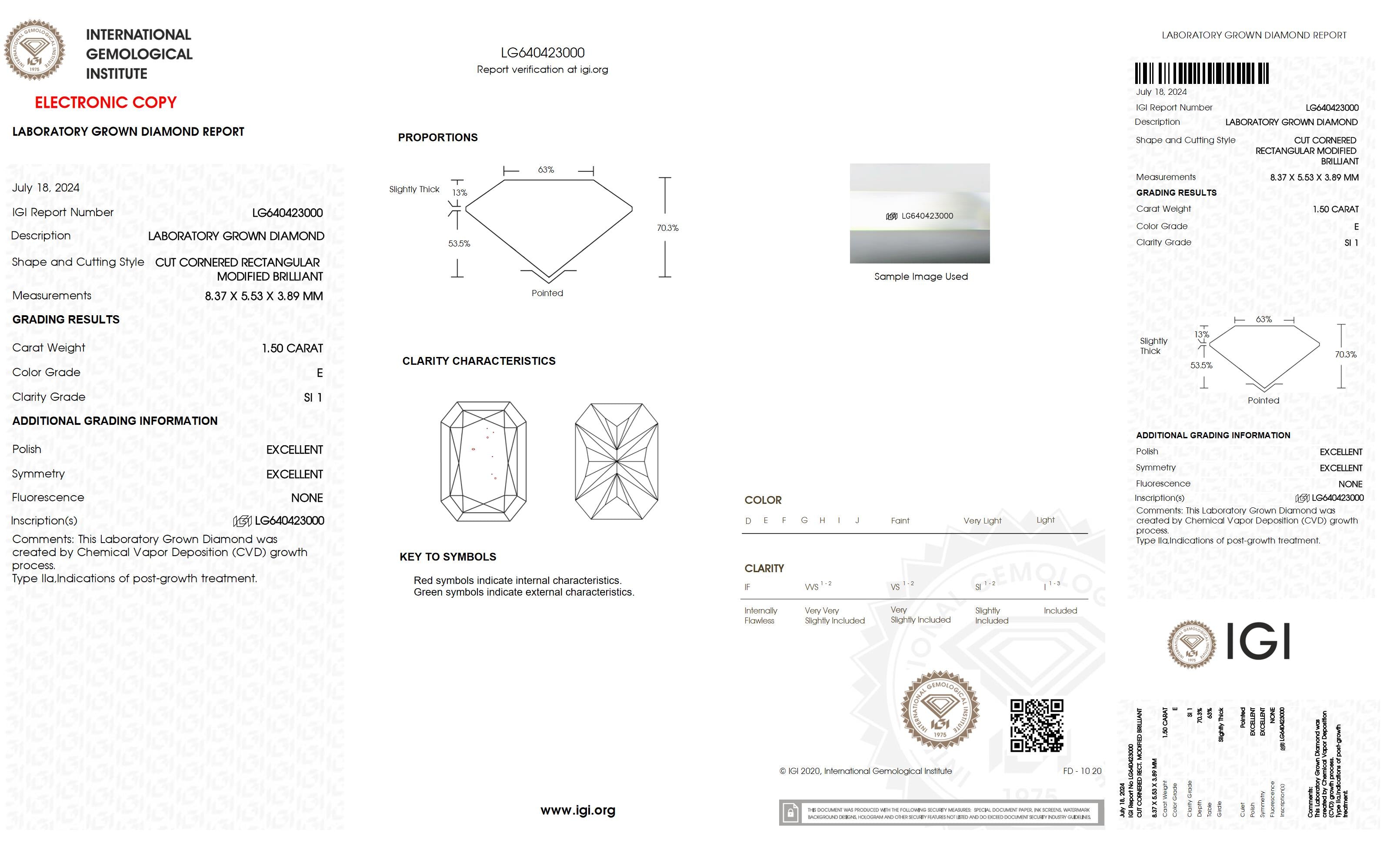 1.5 Ct. Radiant Wholesale IGI Certified Lab Grown Loose Diamond. (SI1 / E)