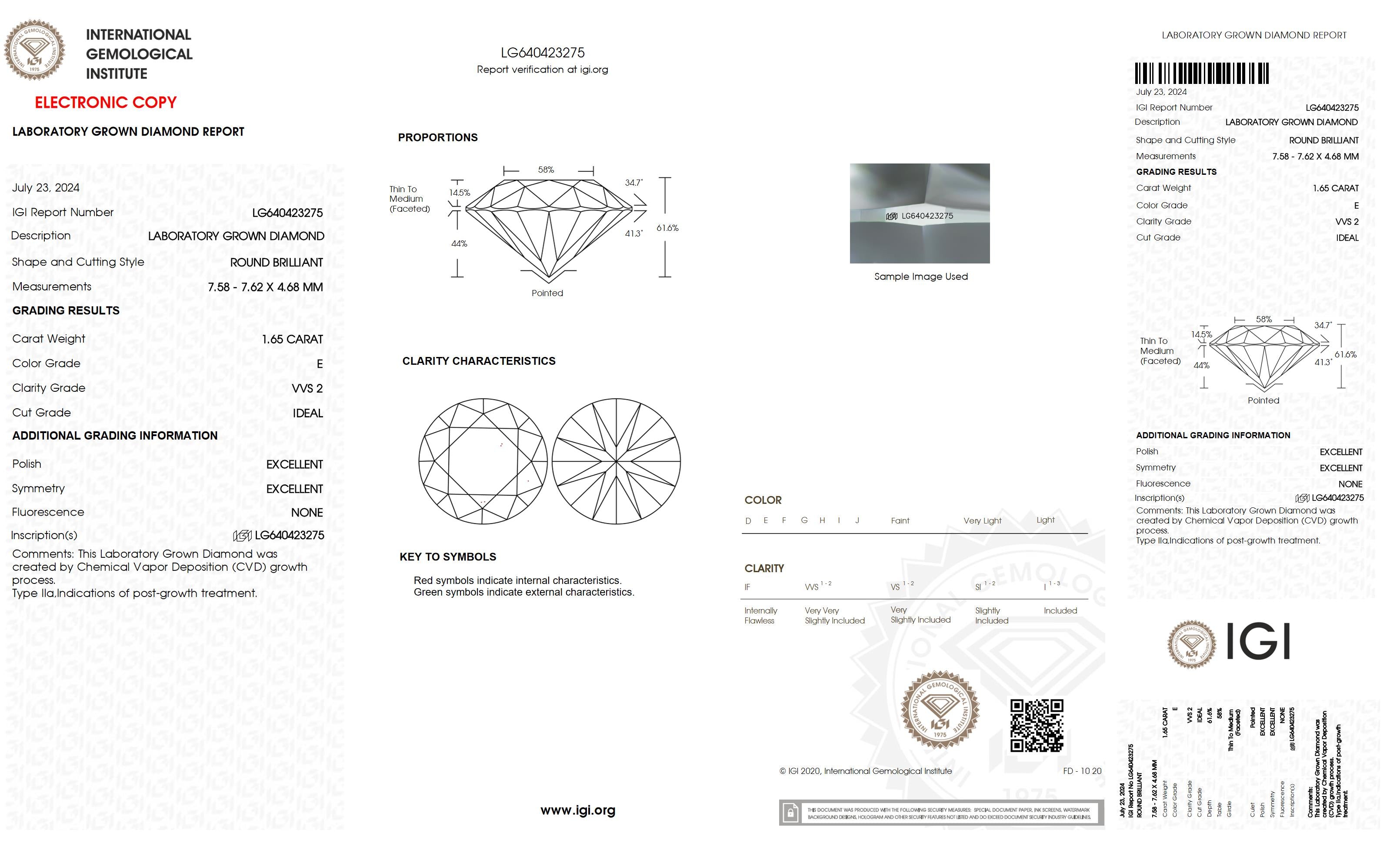 1.65 Ct. Round Wholesale IGI Certified Lab Grown Loose Diamond. (VVS2 / E)