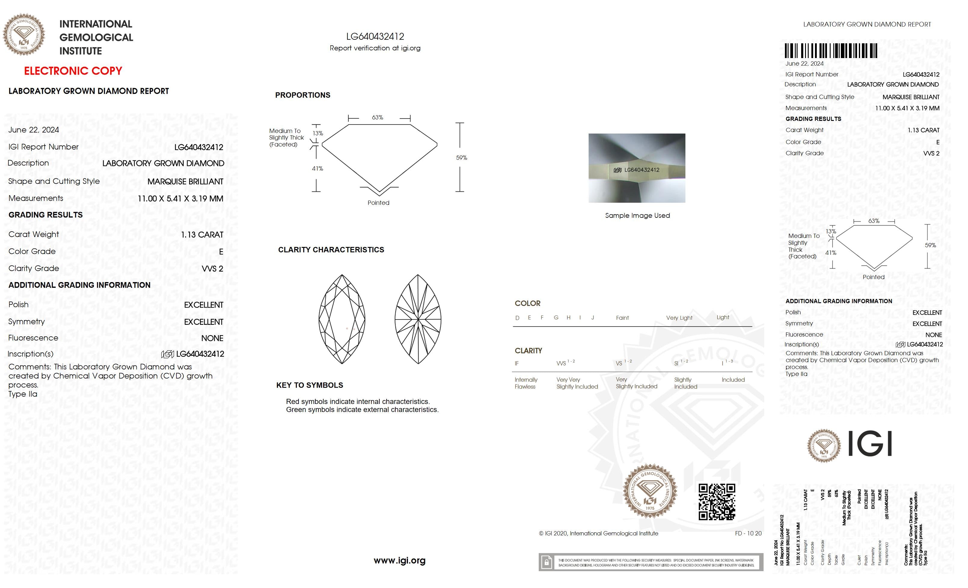 1.13 Ct. Marquise Wholesale IGI Certified Lab Grown Loose Diamond. (VVS2 / E)