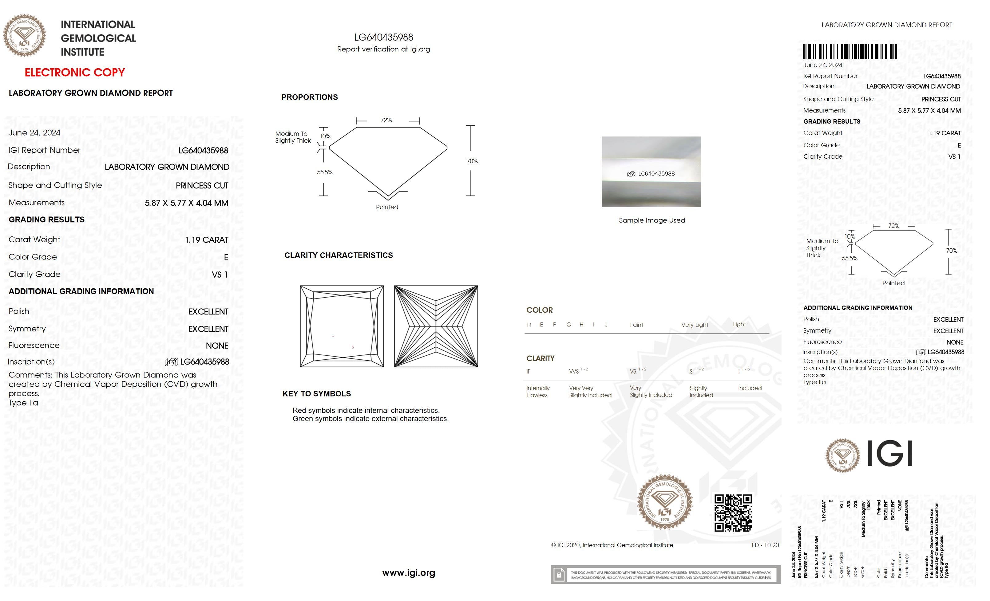 1.19 Ct. Princess Wholesale IGI Certified Lab Grown Loose Diamond. (VS1 / E)