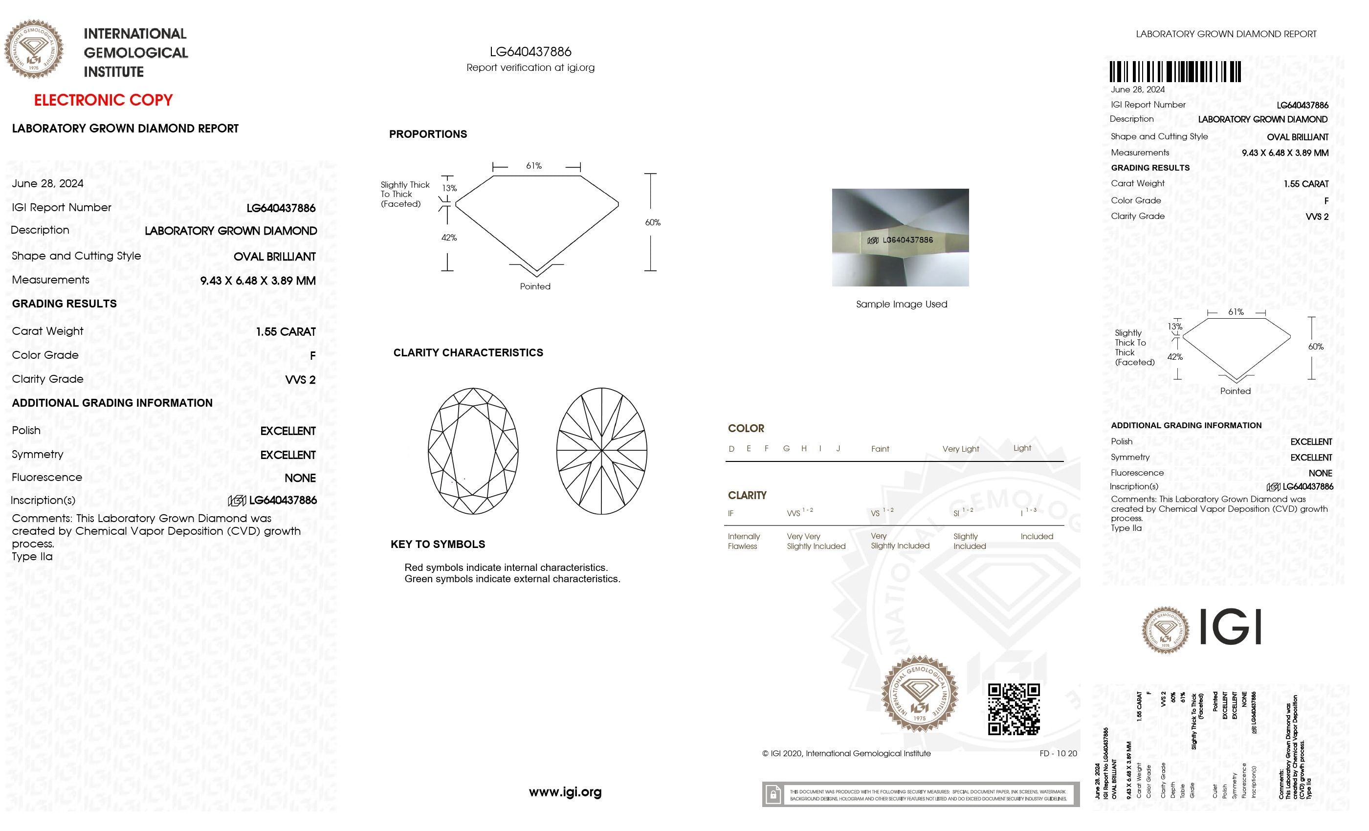 1.55 ct. Oval Wholesale IGI Certified Lab Grown Loose Diamond. (VVS2 / F)