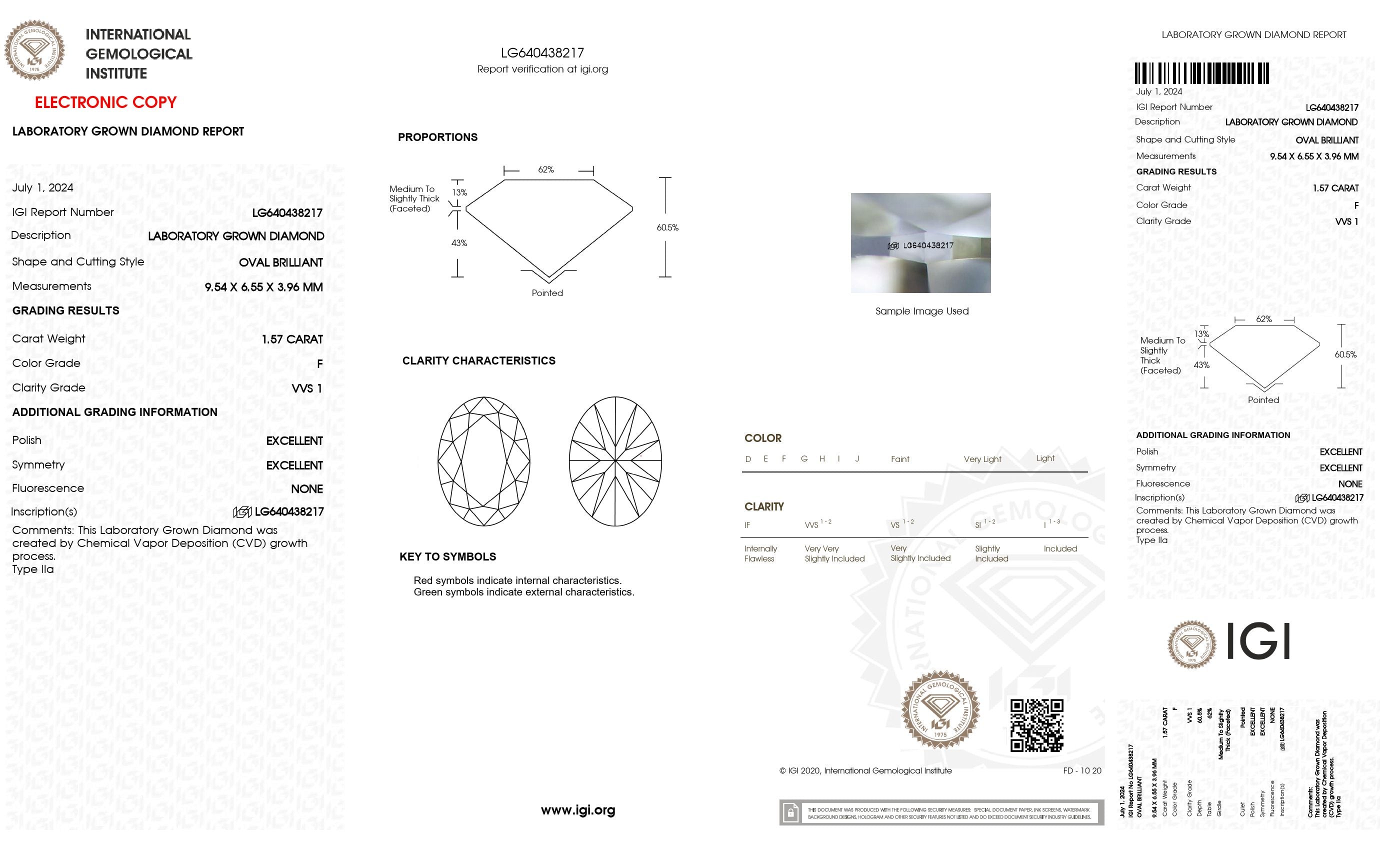 1.57 ct. Oval Wholesale IGI Certified Lab Grown Loose Diamond. (VVS1 / F)