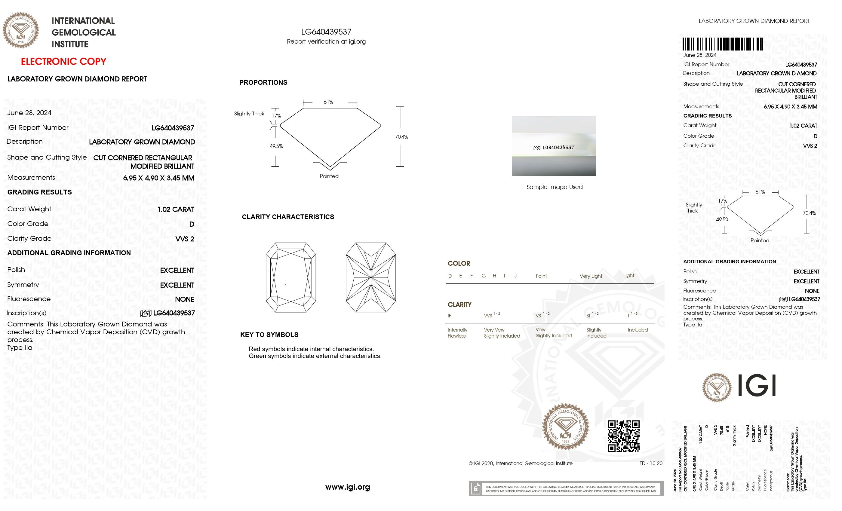 1.02 Ct. Radiant Wholesale IGI Certified Lab Grown Loose Diamond. (VVS2 / D)