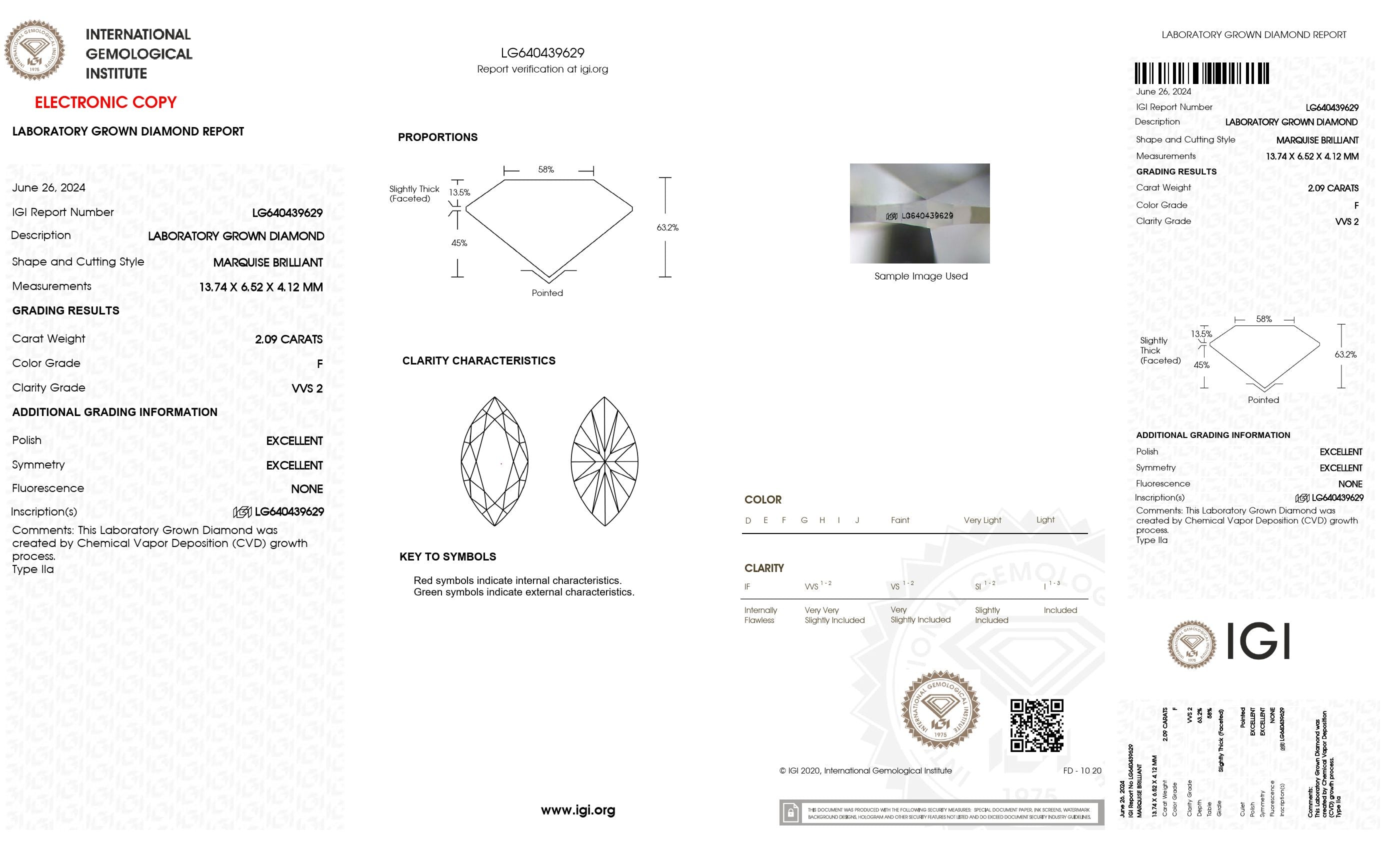 2.09 ct. Marquise Wholesale IGI Certified Lab Grown Loose Diamond. (VVS2 / F)