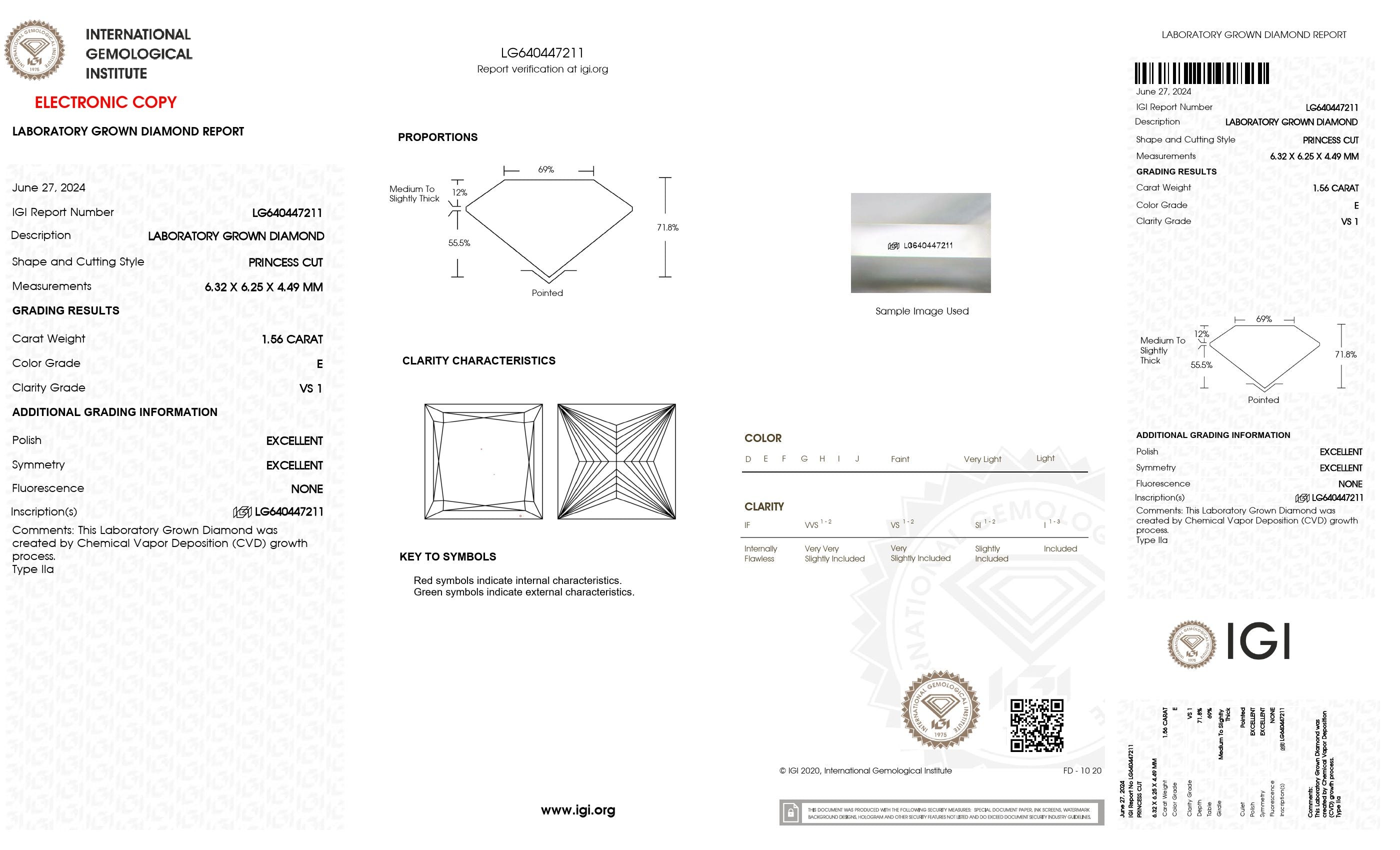 1.56 Ct. Princess Wholesale IGI Certified Lab Grown Loose Diamond. (VS1 / E)