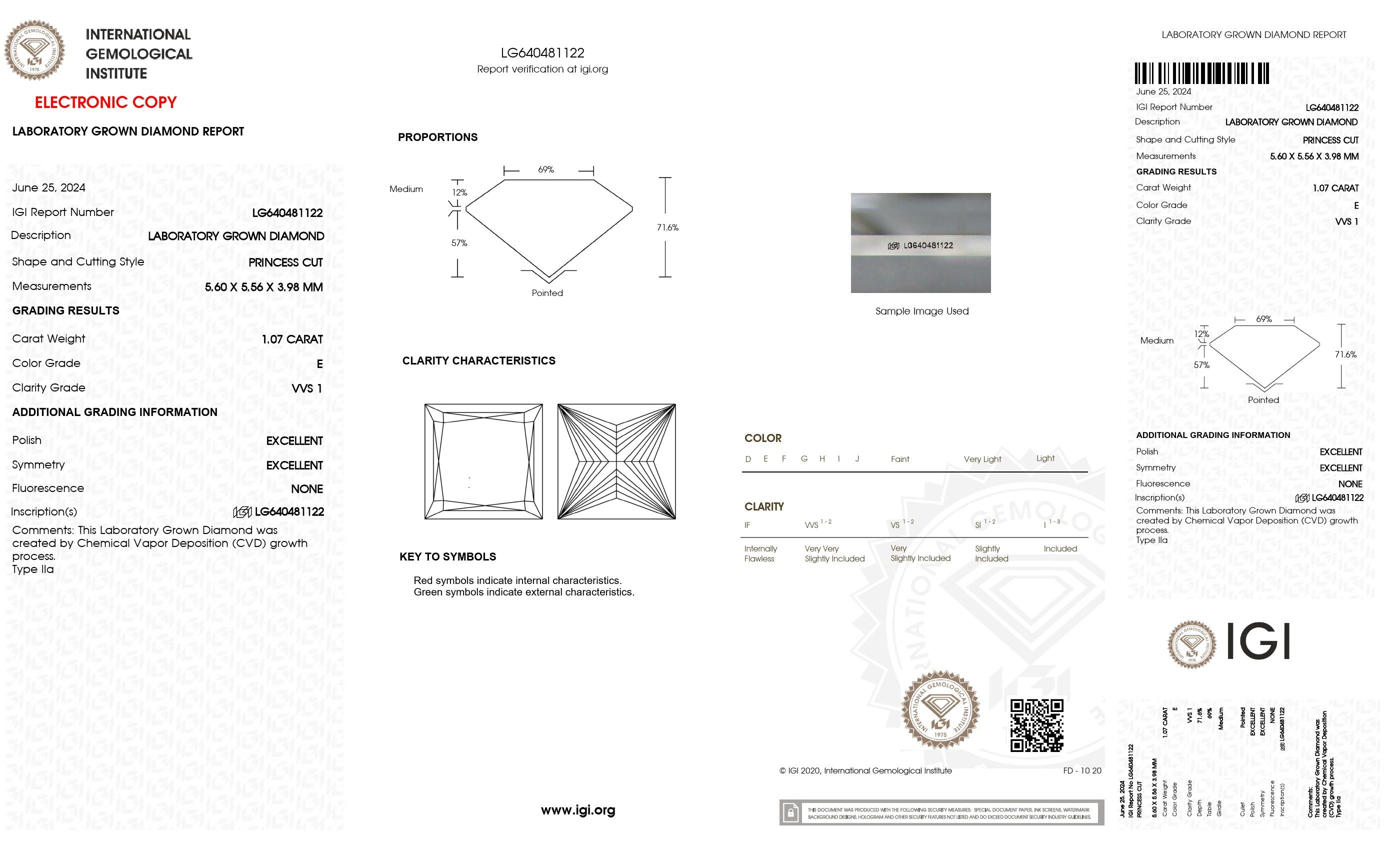 1.07 ct. Princess Wholesale IGI Certified Lab Grown Loose Diamond. (VVS1 / E)