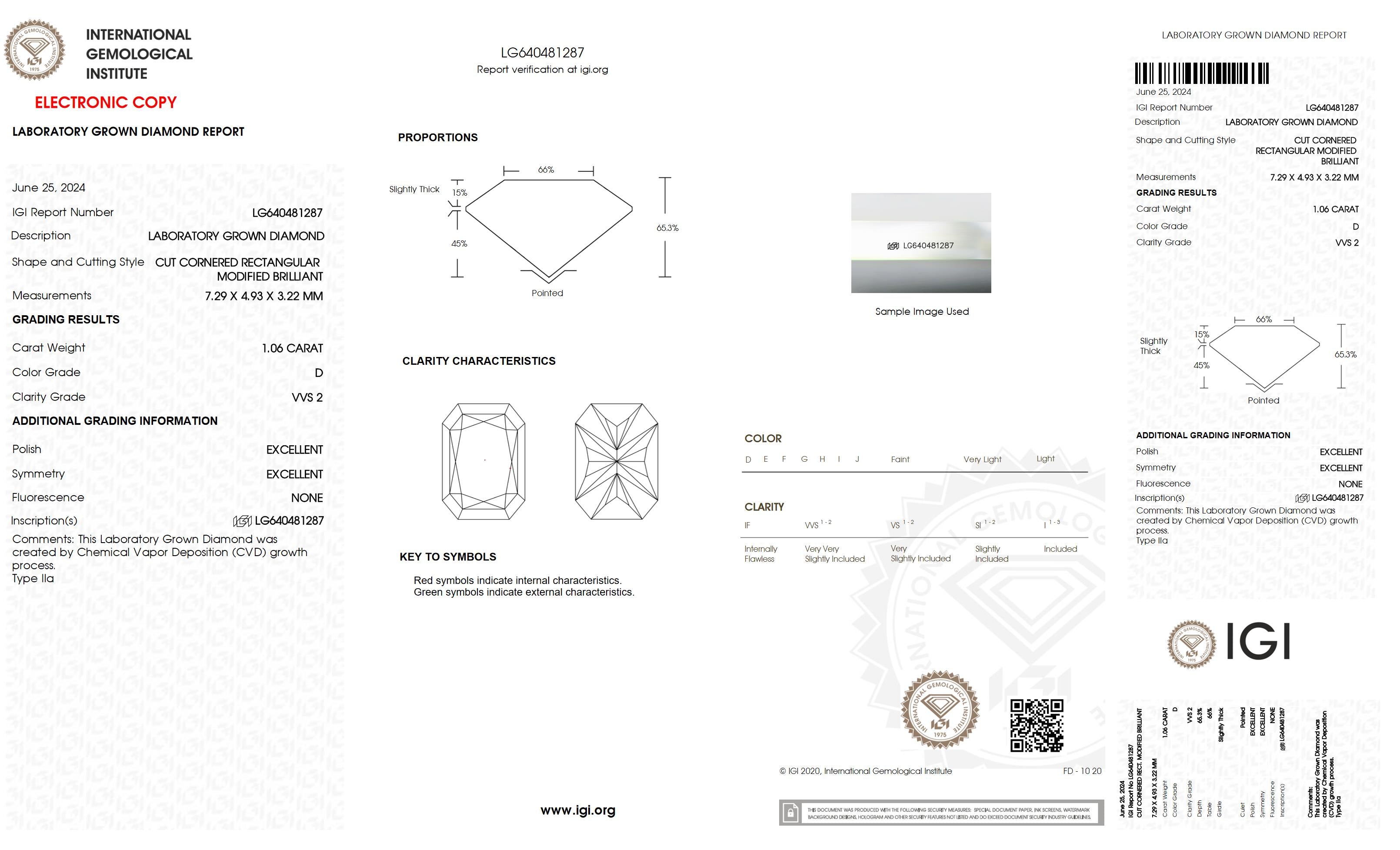 1.06 Ct. Radiant Wholesale IGI Certified Lab Grown Loose Diamond. (VVS2 / D)