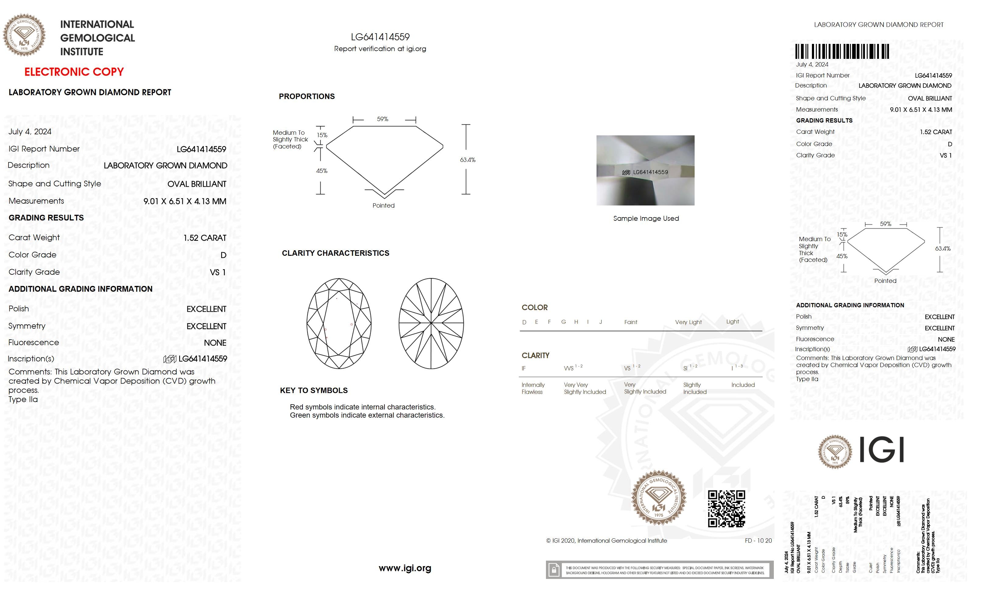 1.52 Ct. Oval Wholesale IGI Certified Lab Grown Loose Diamond. (VS1 / D)