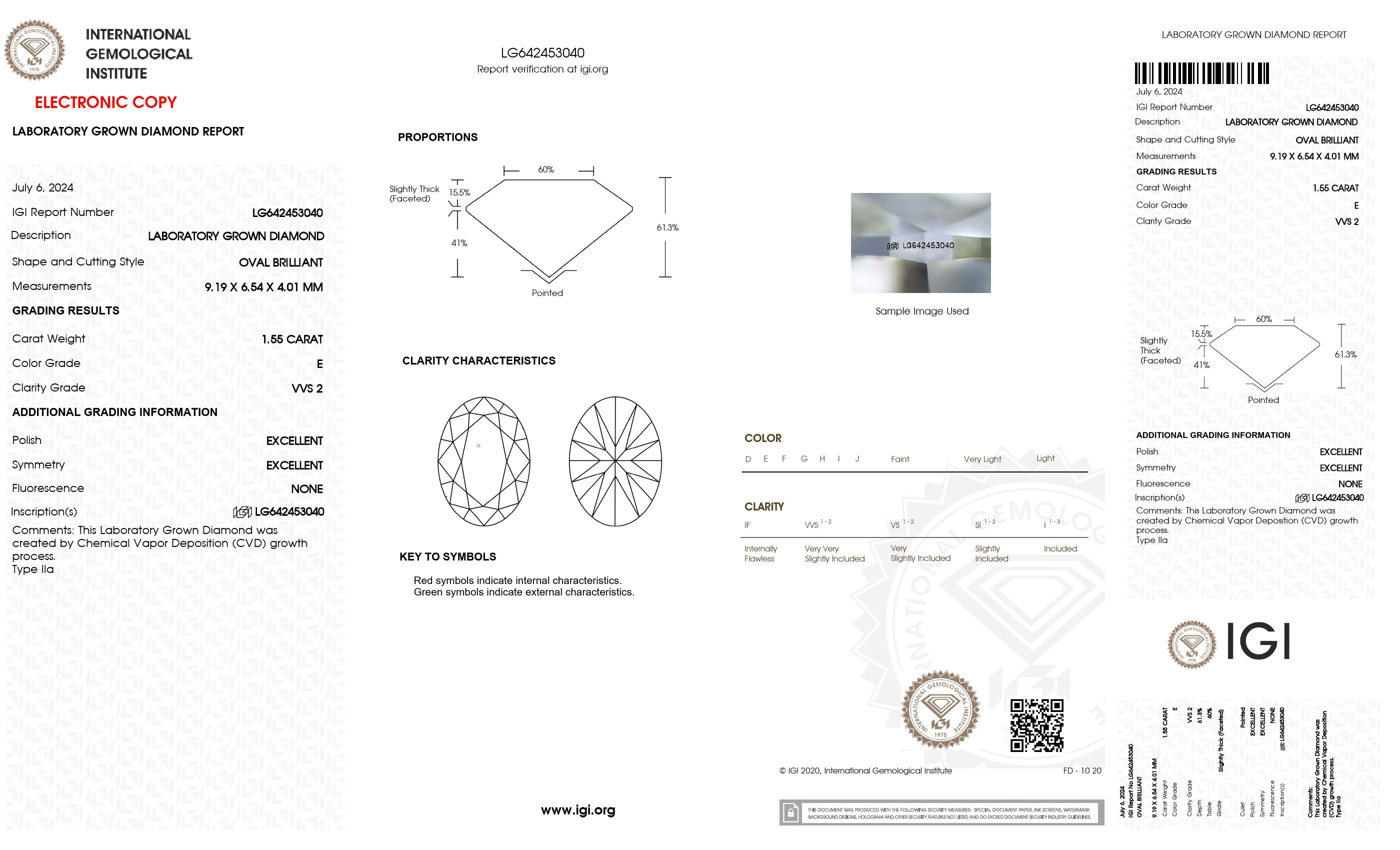 1.55 Ct. Oval Wholesale IGI Certified Lab Grown Loose Diamond. (VVS2 / E)