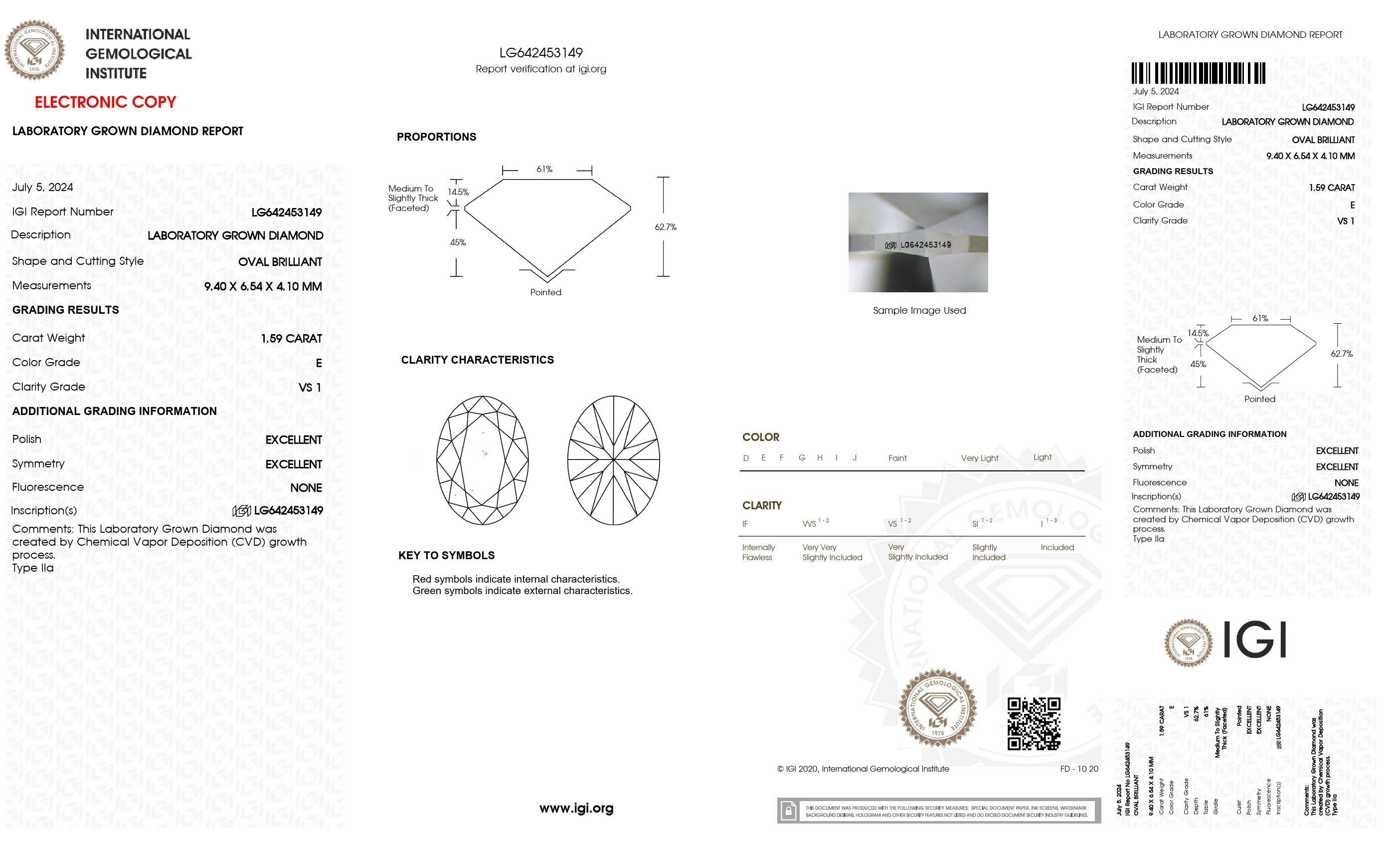 1.59 Ct. Oval Wholesale IGI Certified Lab Grown Loose Diamond. (VS1 / E)