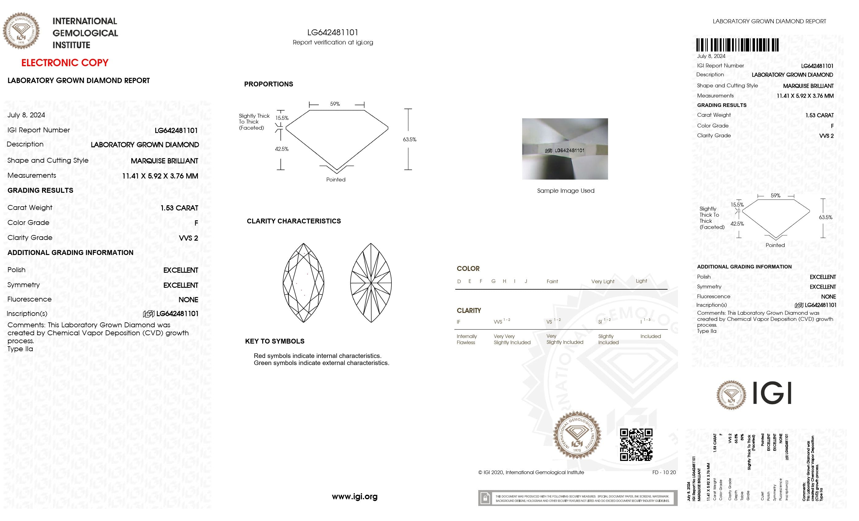 1.53 ct. Marquise Wholesale IGI Certified Lab Grown Loose Diamond. (VVS2 / F)