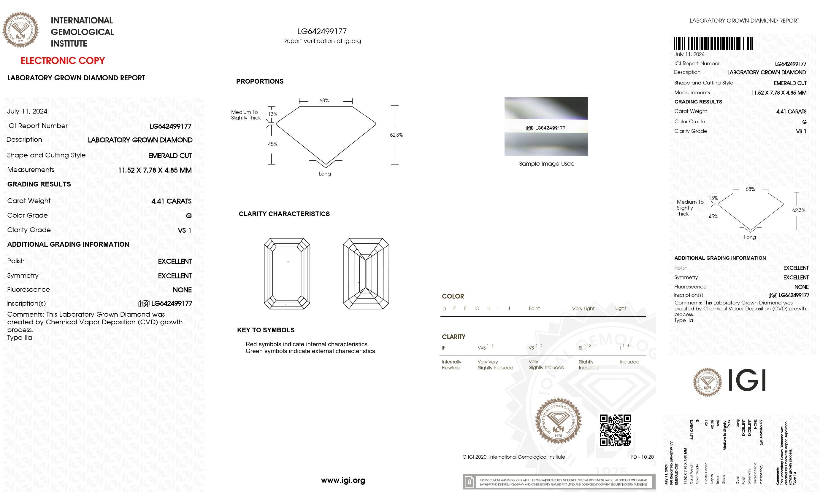 4.41 ct. Emerald Wholesale IGI Certified Lab Grown Loose Diamond. (VS1 / G)