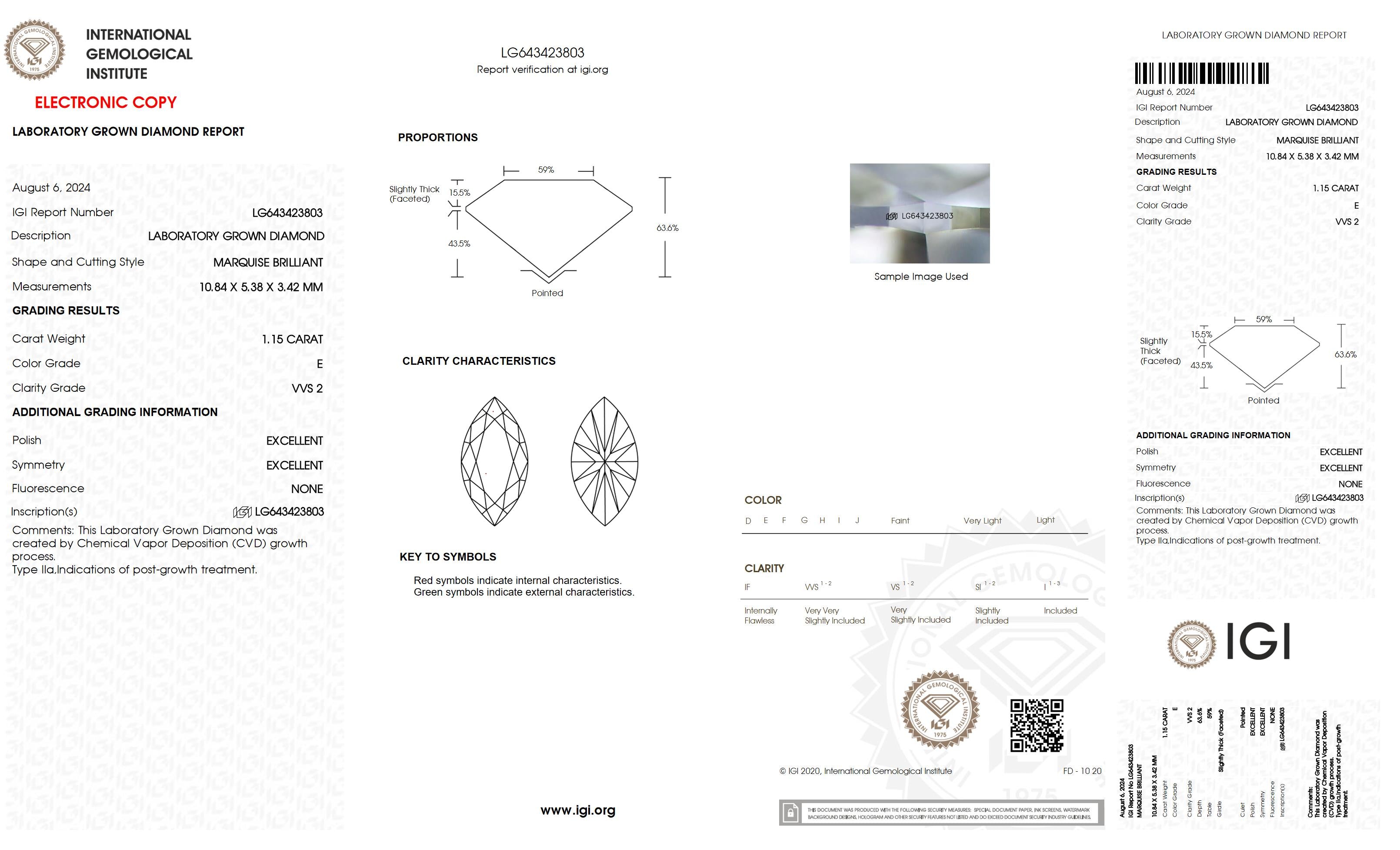 1.15 Ct. Marquise Wholesale IGI Certified Lab Grown Loose Diamond. (VVS2 / E)