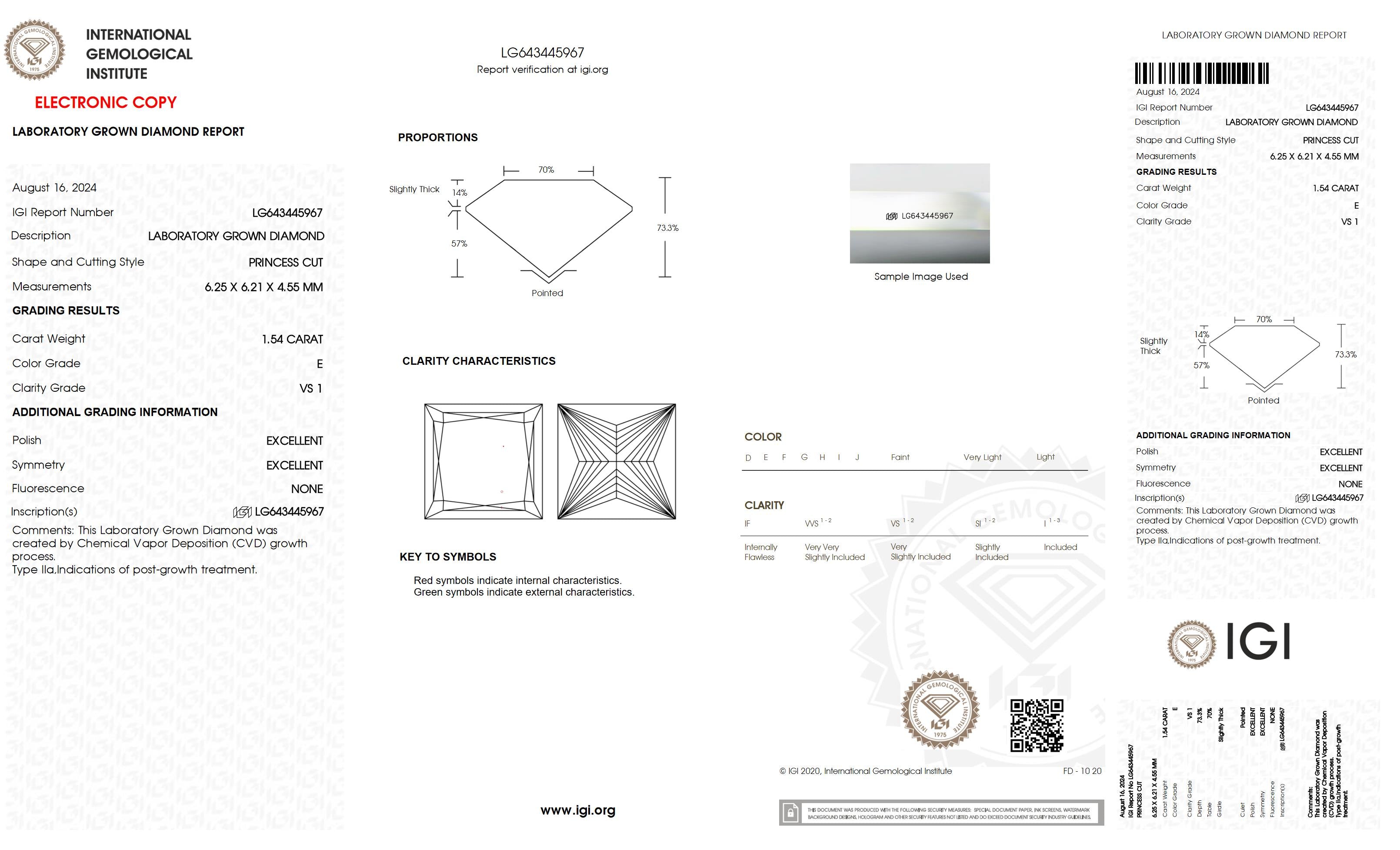 1.54 Ct. Princess Wholesale IGI Certified Lab Grown Loose Diamond. (VS1 / E)