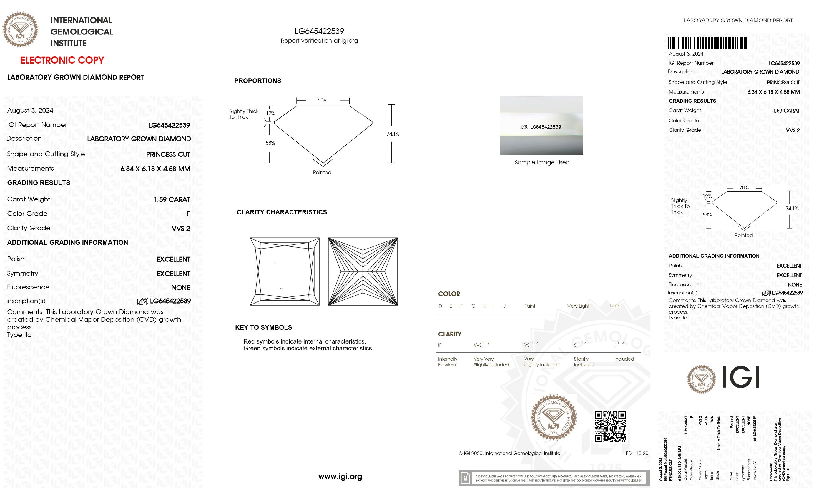 1.59 Ct. Princess Wholesale IGI Certified Lab Grown Loose Diamond. (VVS2 / F)