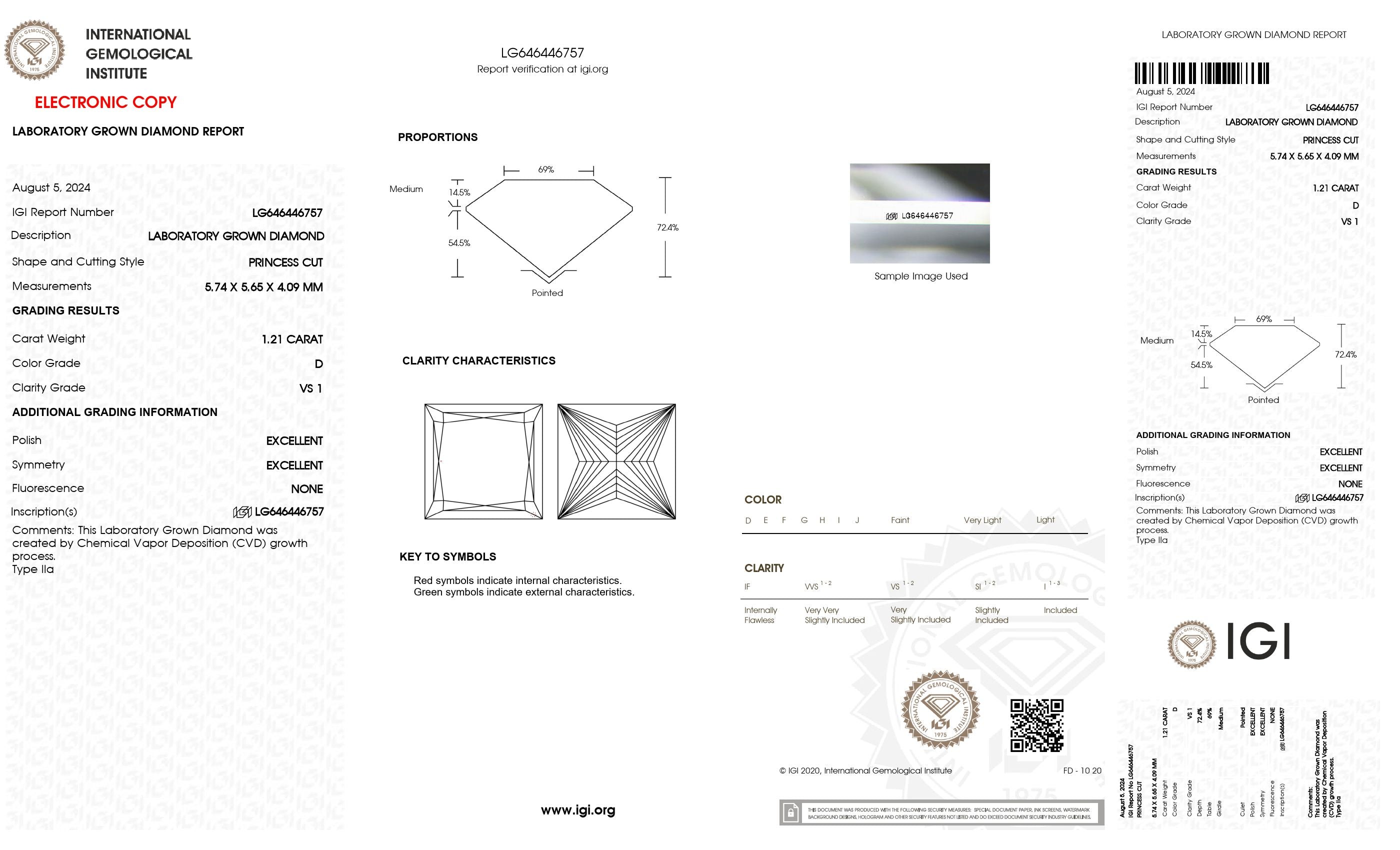 1.21 Ct. Princess Wholesale IGI Certified Lab Grown Loose Diamond. (VS1 / D)
