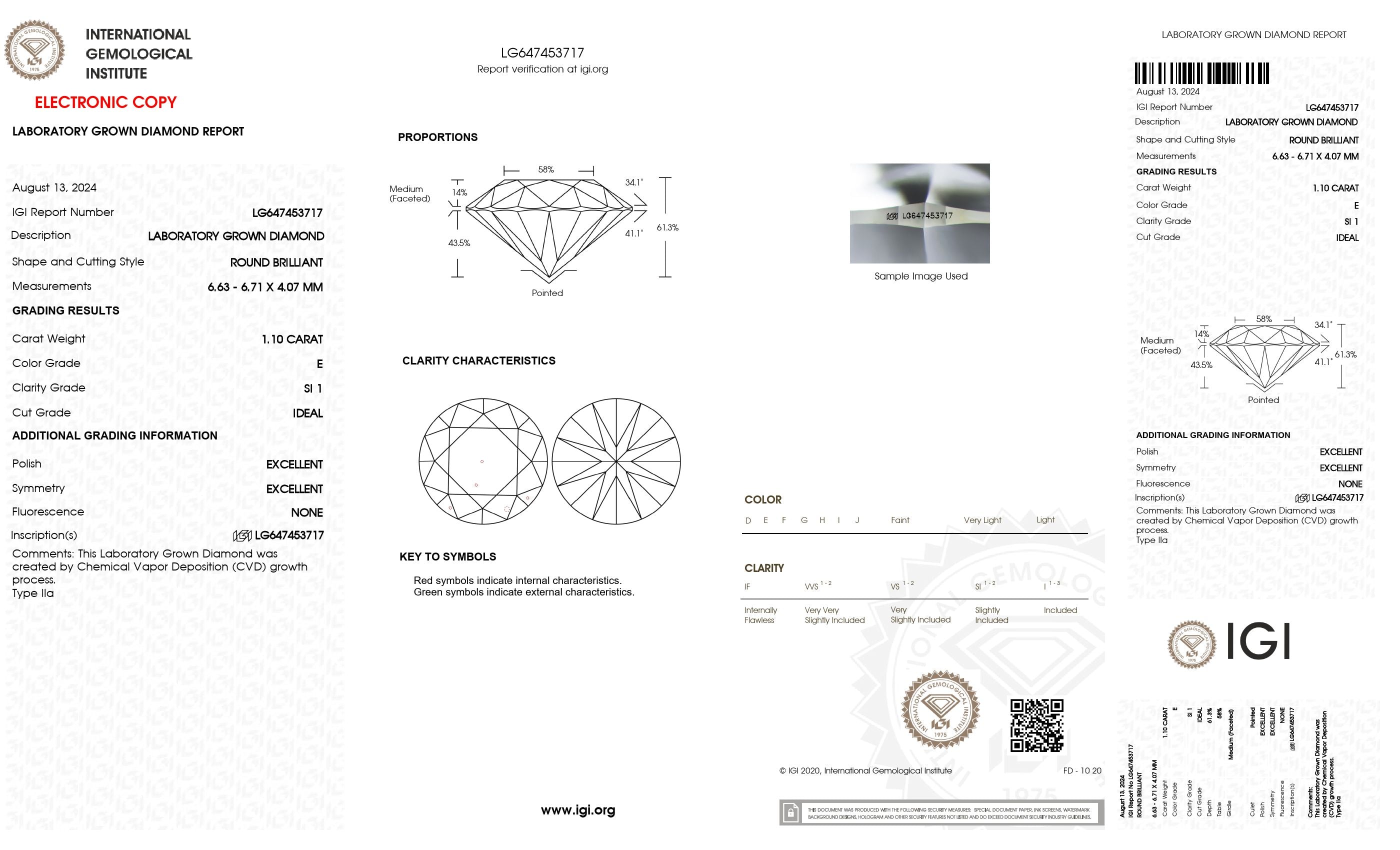 1.1 Ct. Round Wholesale IGI Certified Lab Grown Loose Diamond. (SI1 / E)